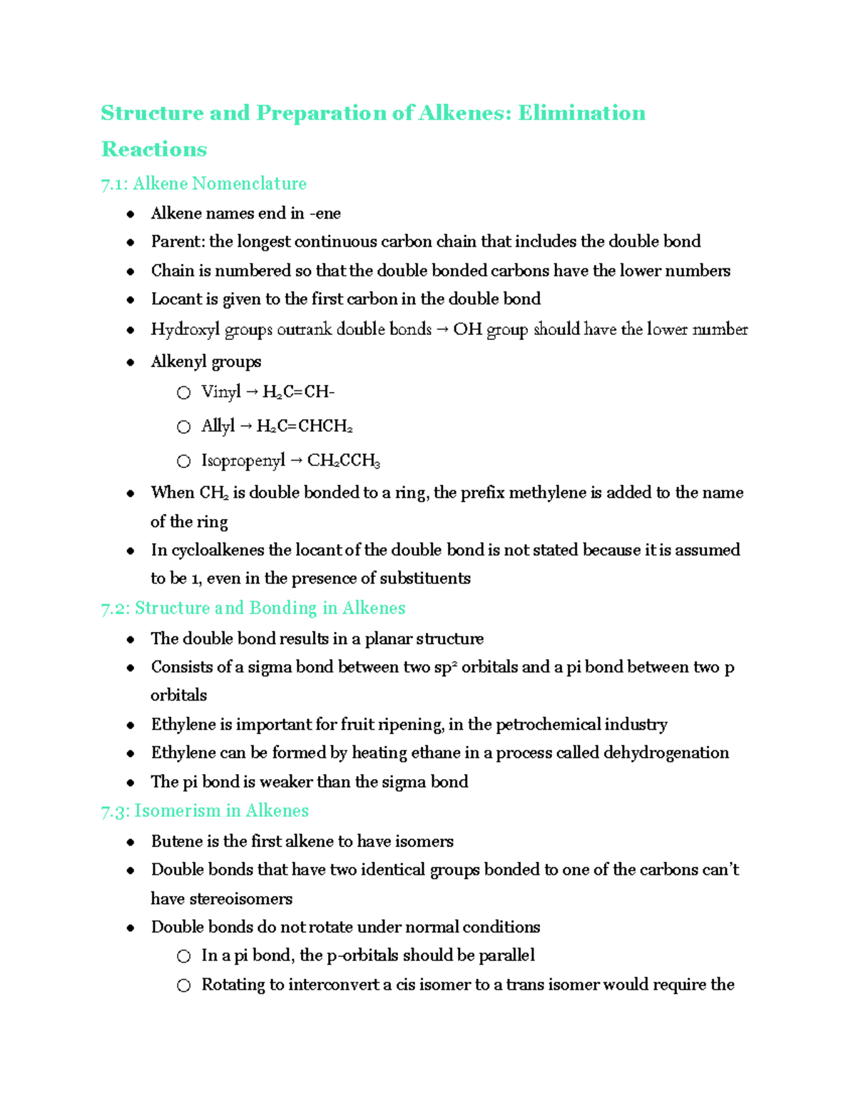 CH. 7 Textbook Notes - Structure and Preparation of Alkenes ...