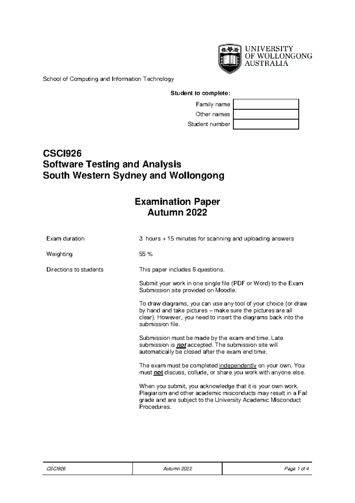 CSCI926 Software Testing and Analysis Final Exam Guide - Autumn 2022 ...