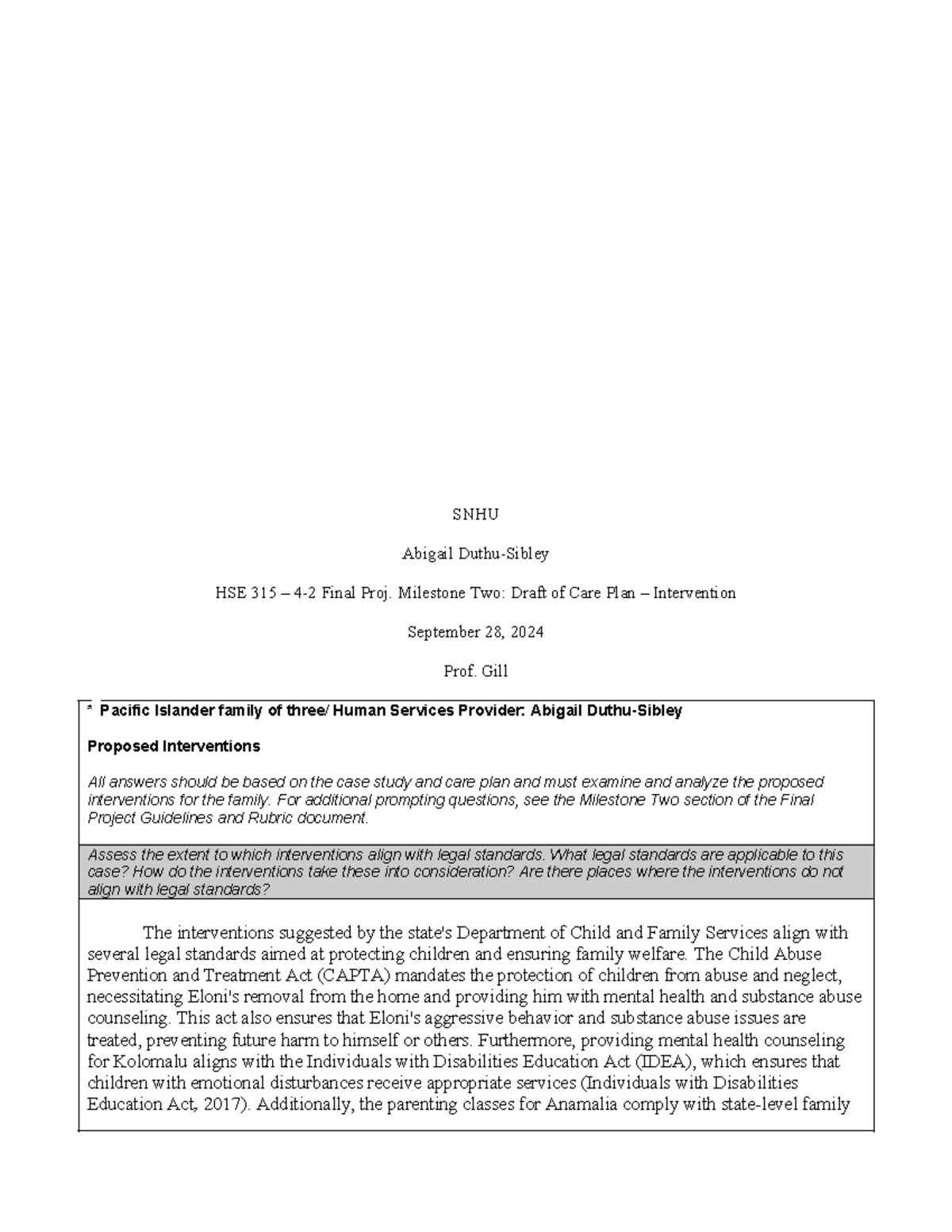 HSE 315 Milestone 2: Final Project Draft of Care Plan Intervention ...