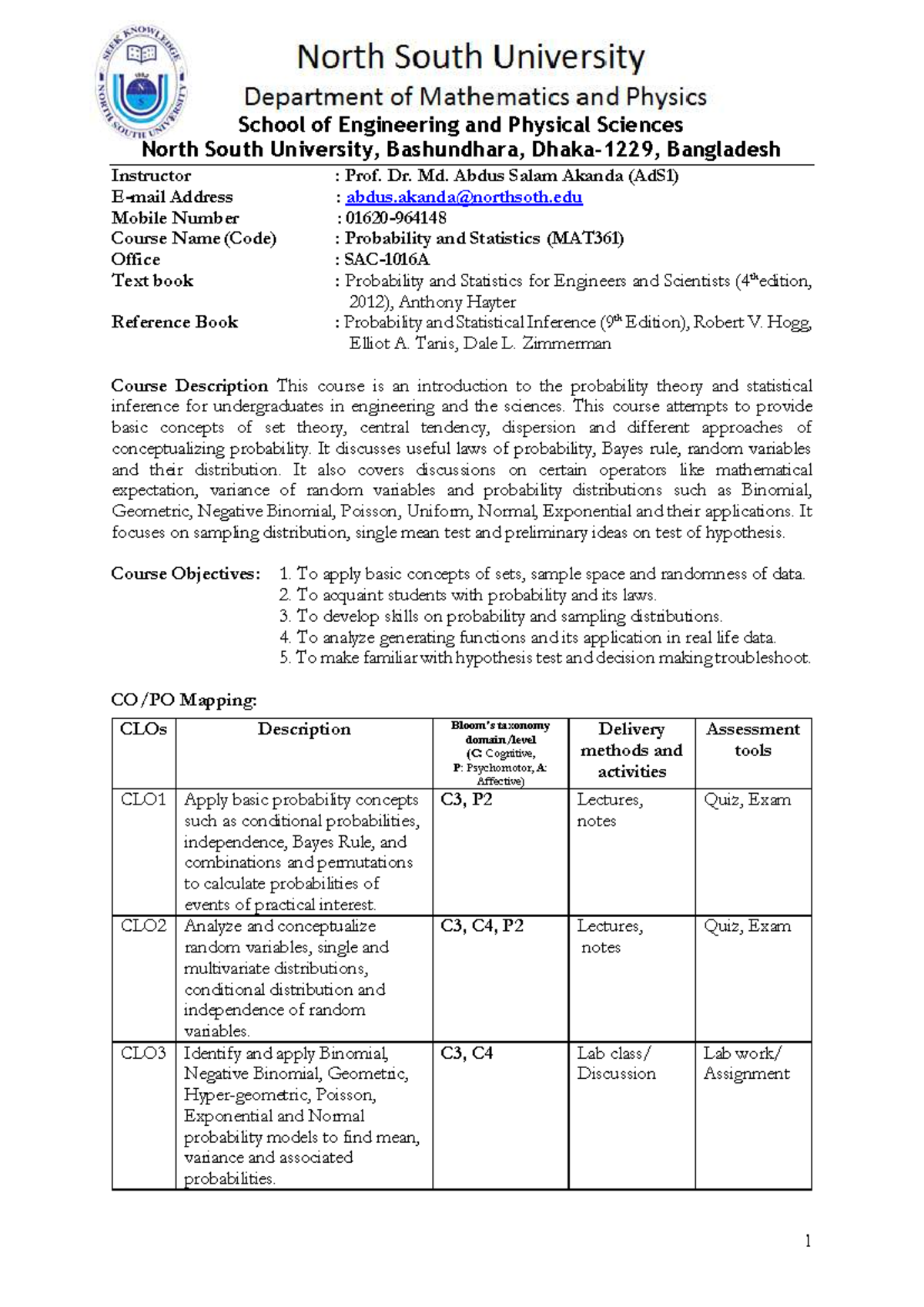 Course Outline for MAT361: Probability and Statistics - Fall 2025 - Studocu