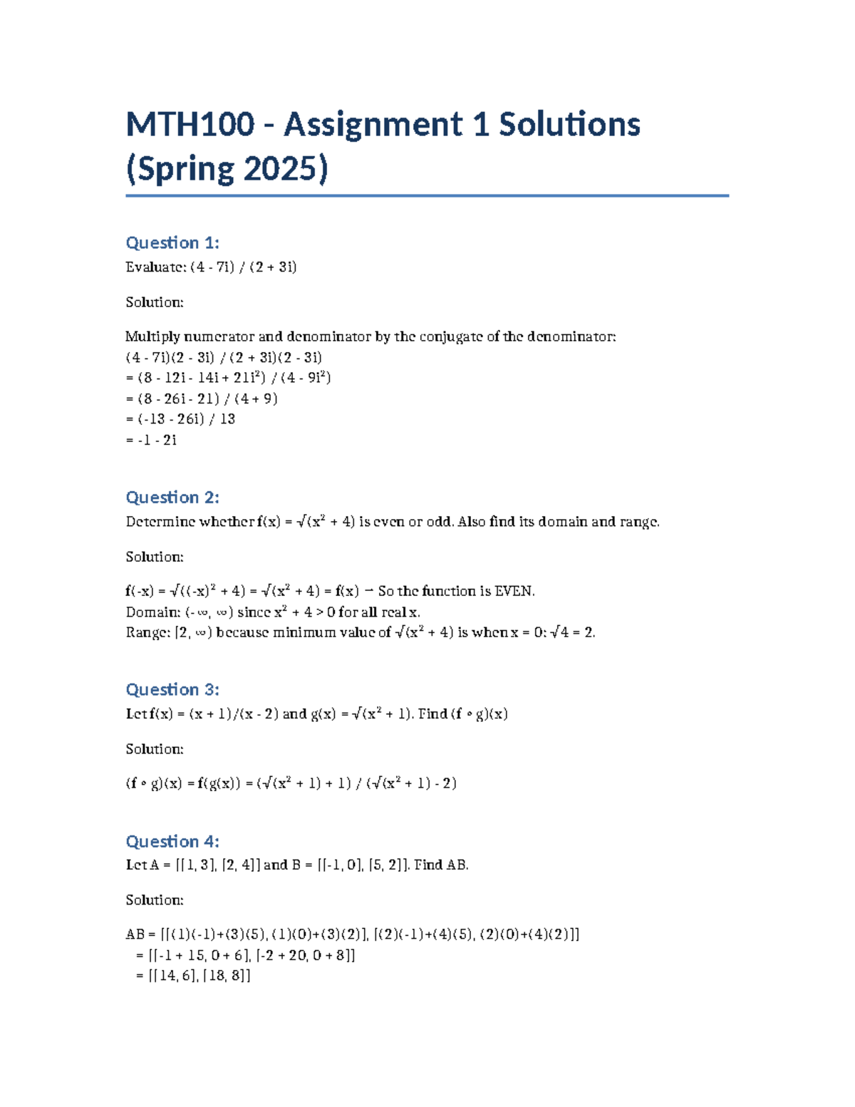 MTH100 Assignment 1 Solutions (Spring 2025) - Detailed Explanations ...