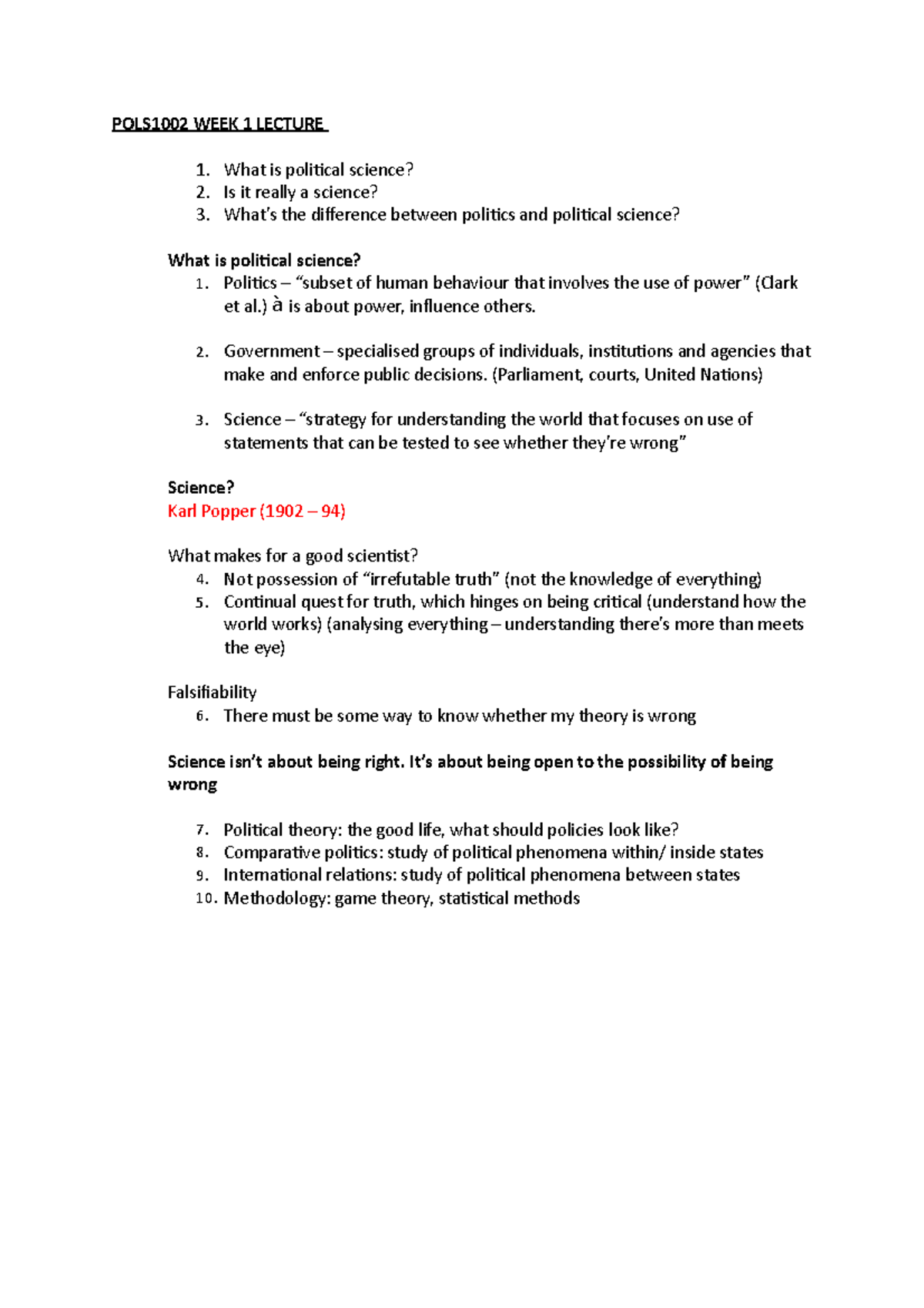 POLS1002 WEEK 1 Lecture - POLS1002 WEEK 1 LECTURE What is political ...