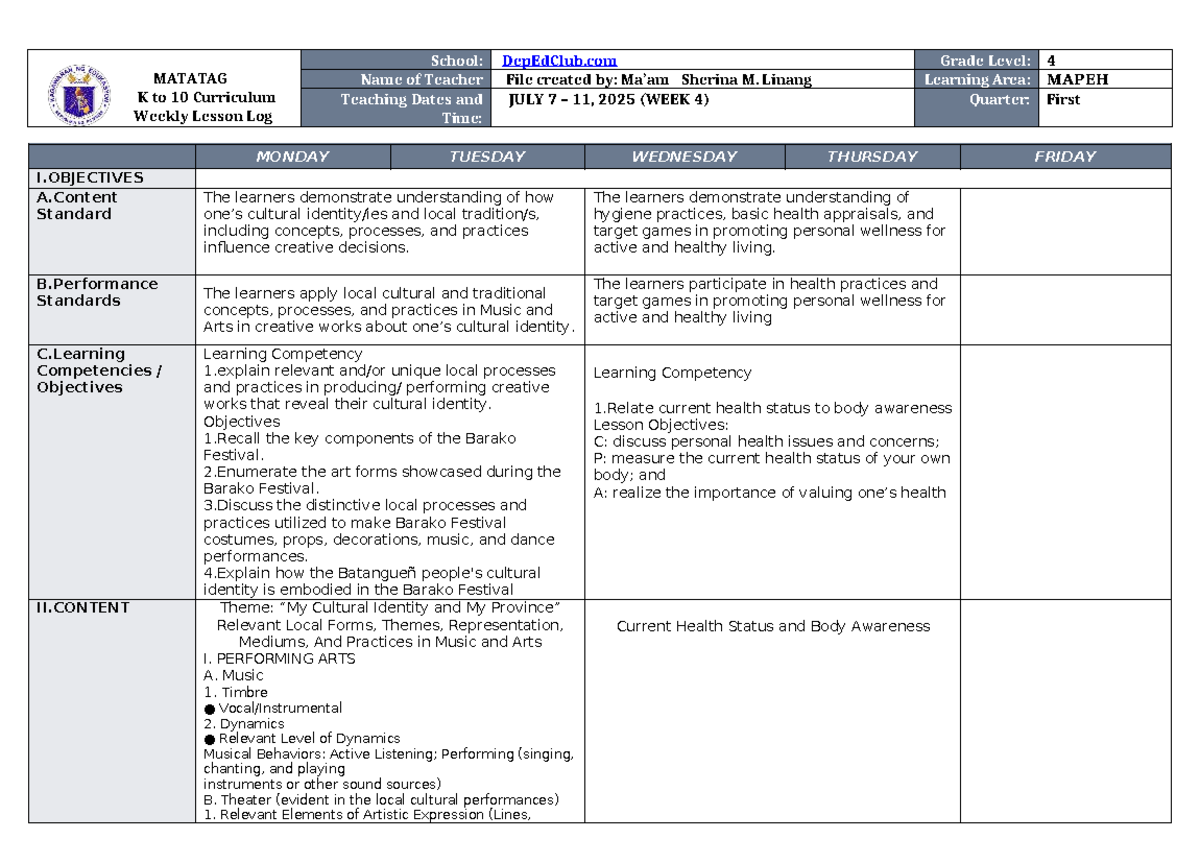 DLL Matatag MAPEH 4 Q1 Week 4 Lesson Plans and Activities - Studocu