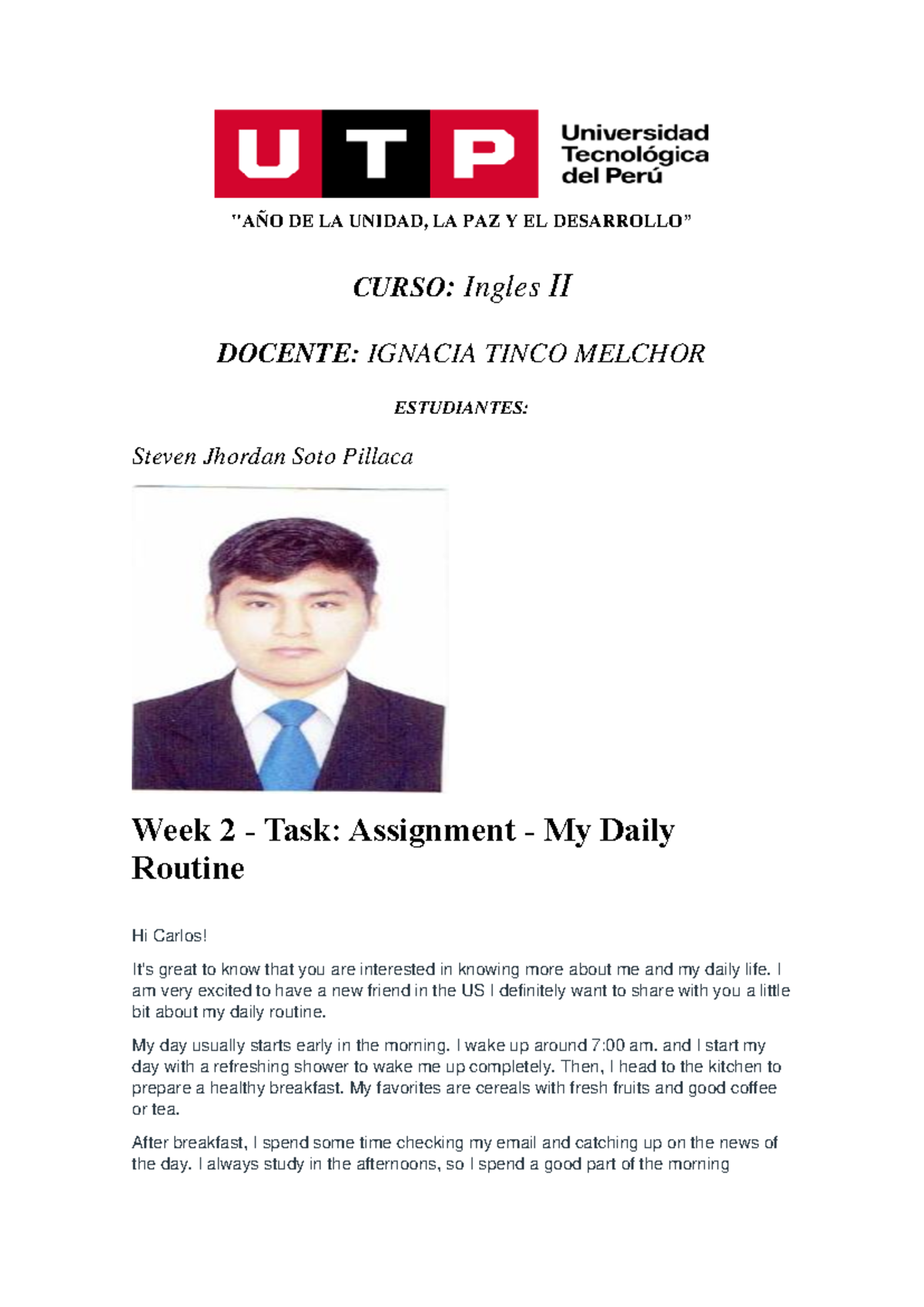 Ingles II - Week 2 Assignment: My Daily Routine Overview - Studocu