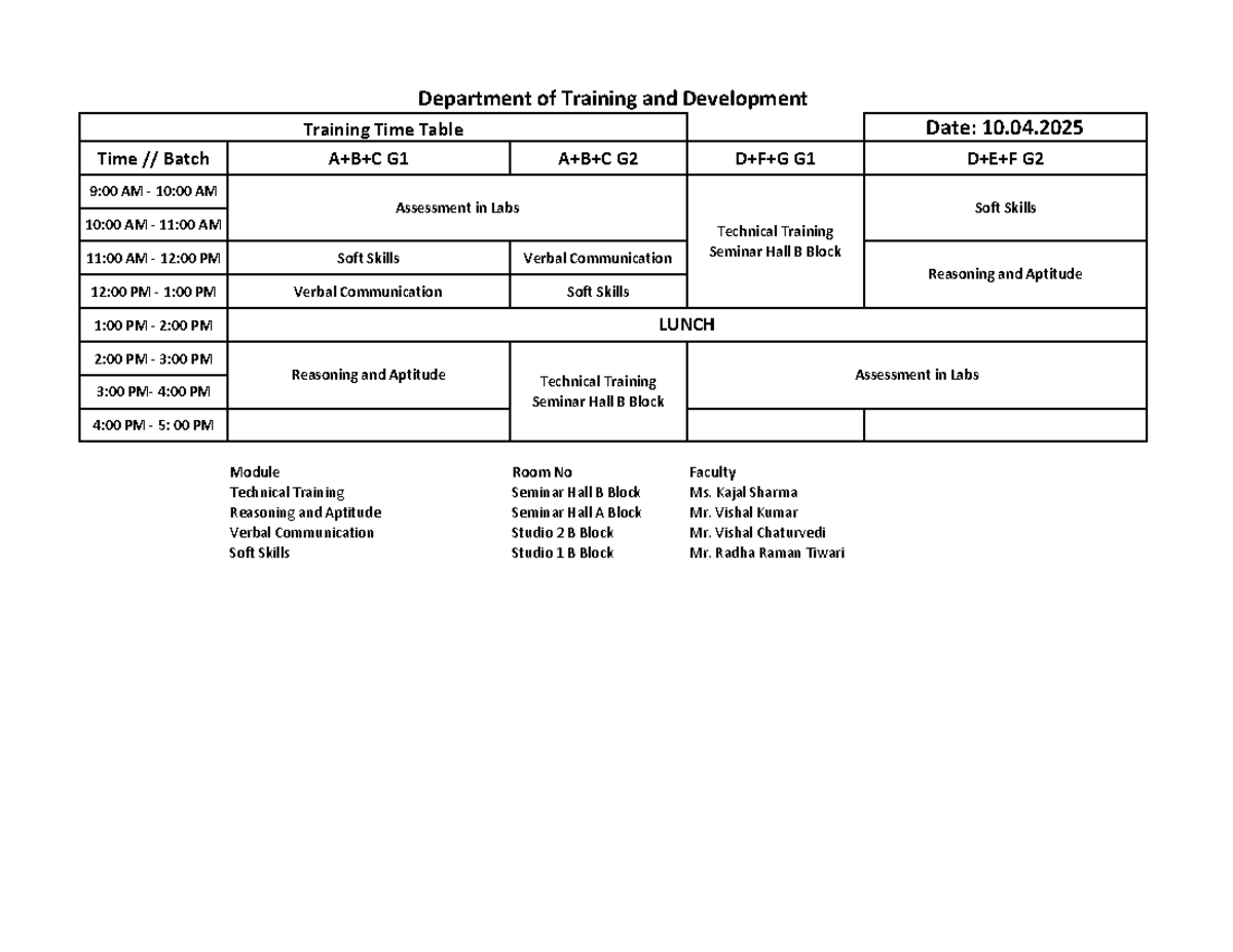 10.04.2025 Training Time Table - Department of Training & Dev. - Studocu