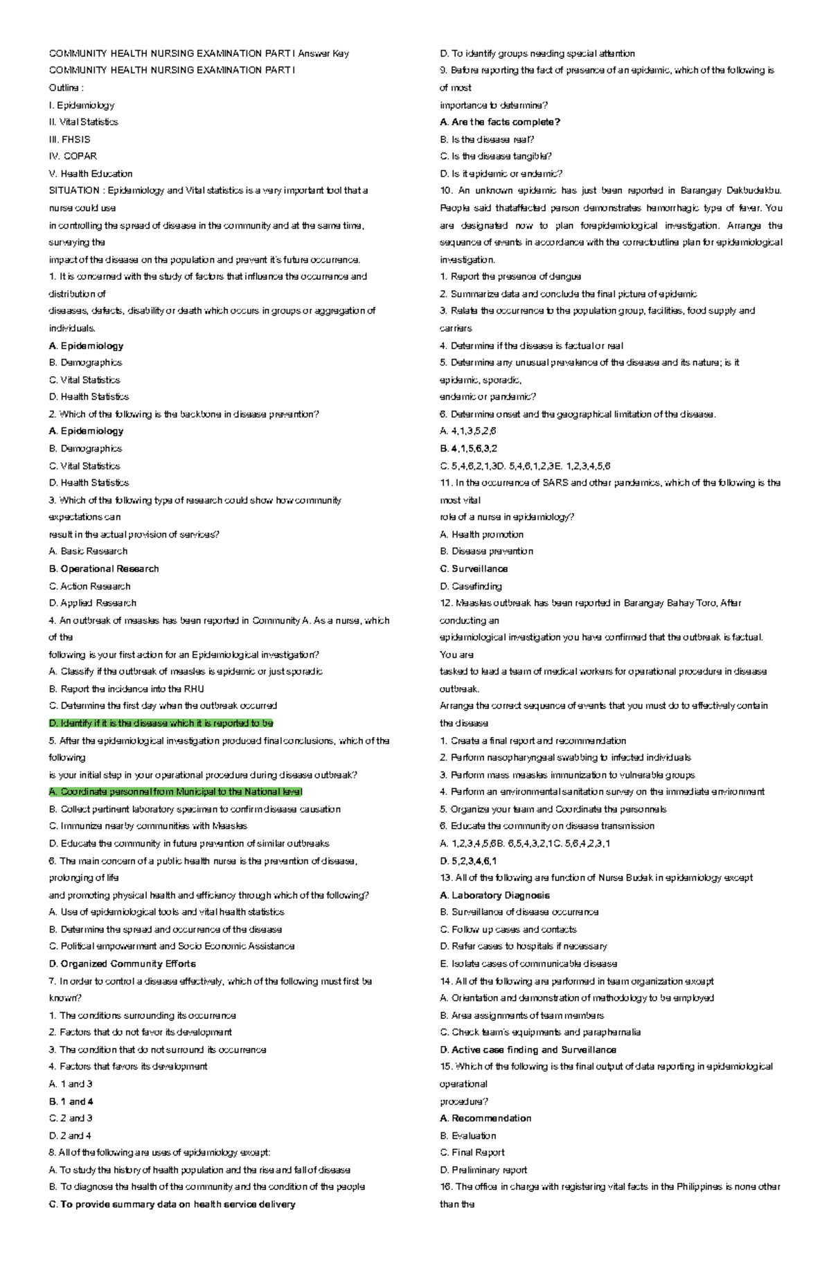 CHN Part I Exam Answer Key and Study Guide - Studocu
