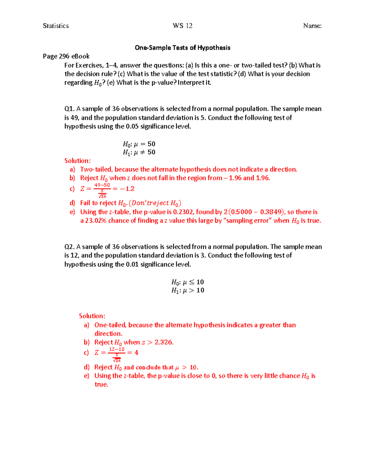 One-Sample Tests of Hypothesis - Statistics WS 12 - Studocu