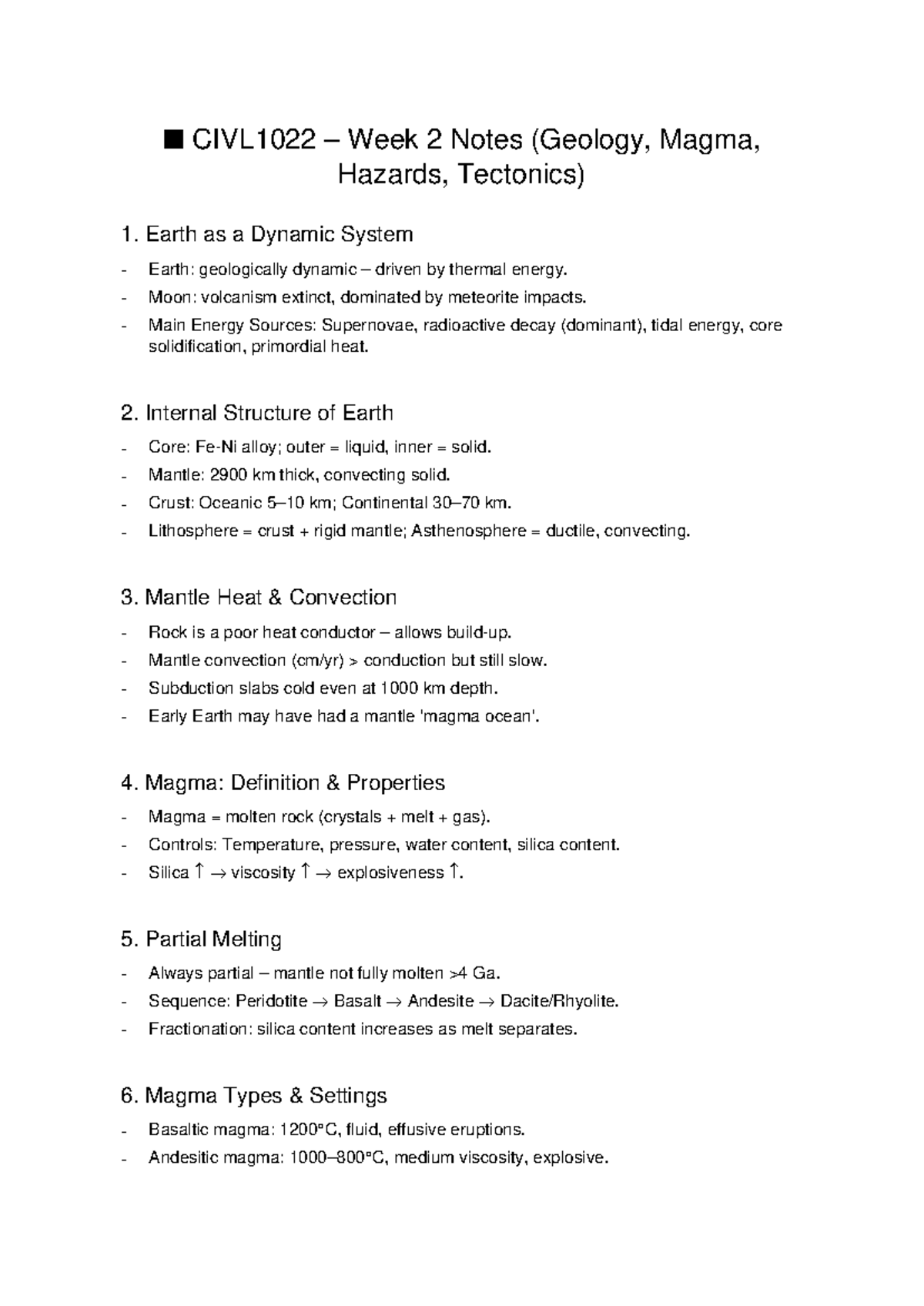 CIVL1022 Week 2 Lecture Notes: Geology, Magma, and Tectonics - Studocu