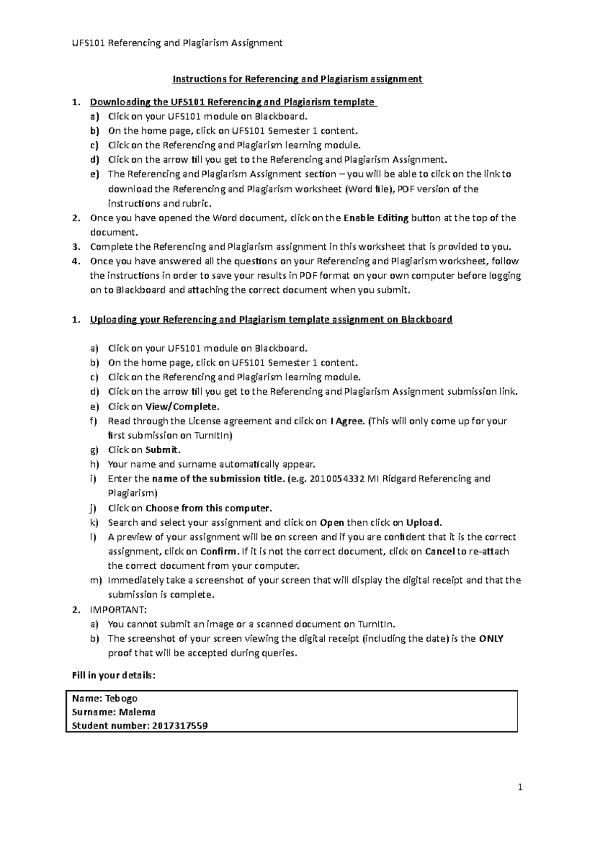 UFS101 Referencing and Plagiarism assignment UFS101 - ufss1504 - UFS UV ...