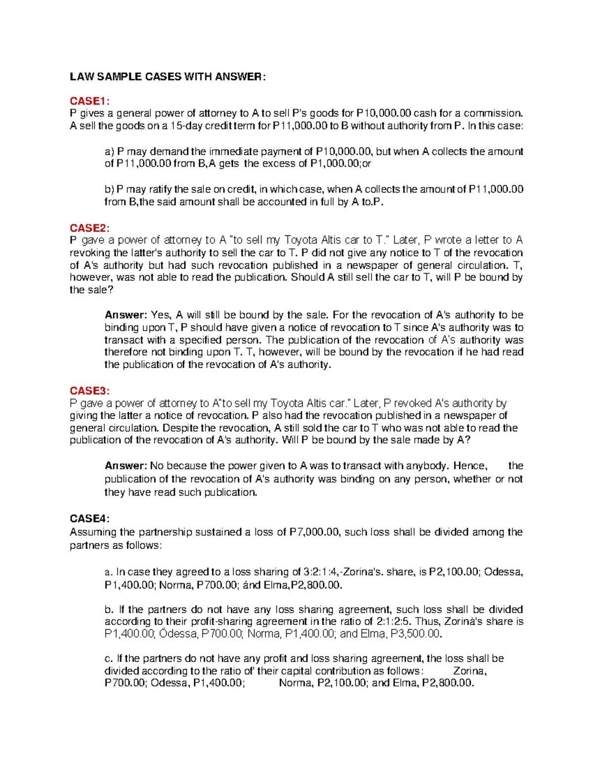 LAW Sample Cases and Answers on Power of Attorney - Studocu