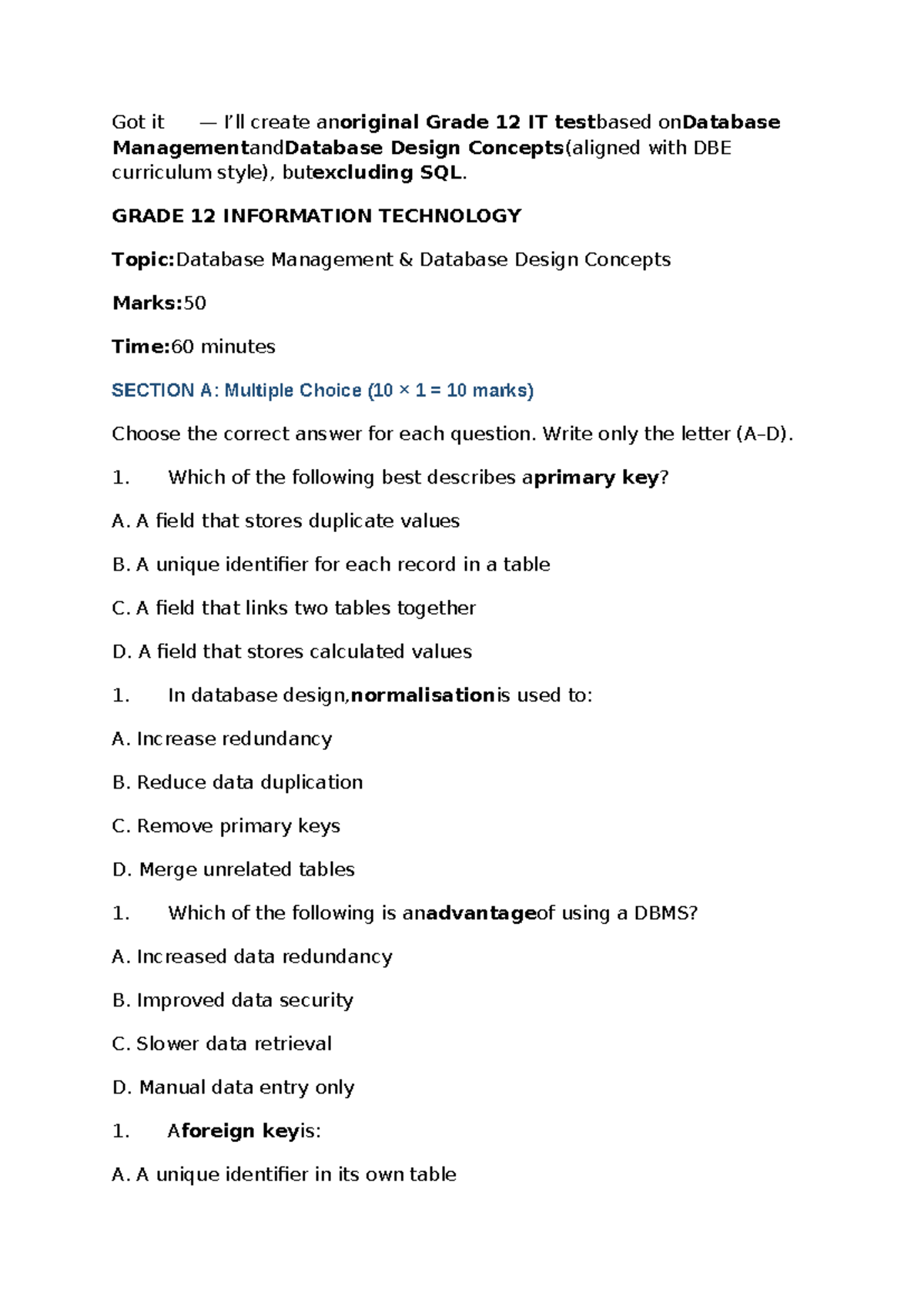 Grade 12 IT Test: Database Management Concepts (50 Marks) - Studocu