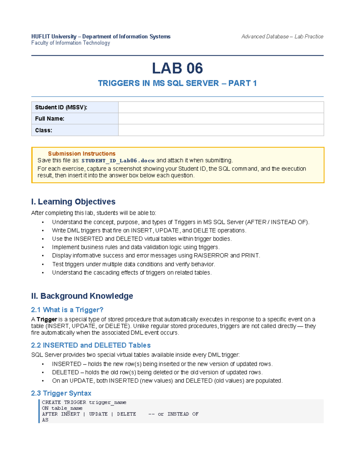 HUFLIT Advanced Database Systems Lab 06: Triggers in MS SQL Server ...