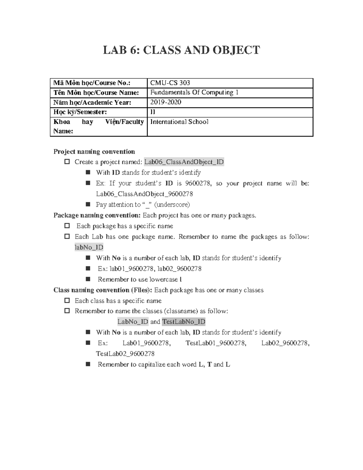 Lab06 Class+and+Object - LAB 6: CLASS AND OBJECT Mã Môn học/Course No ...