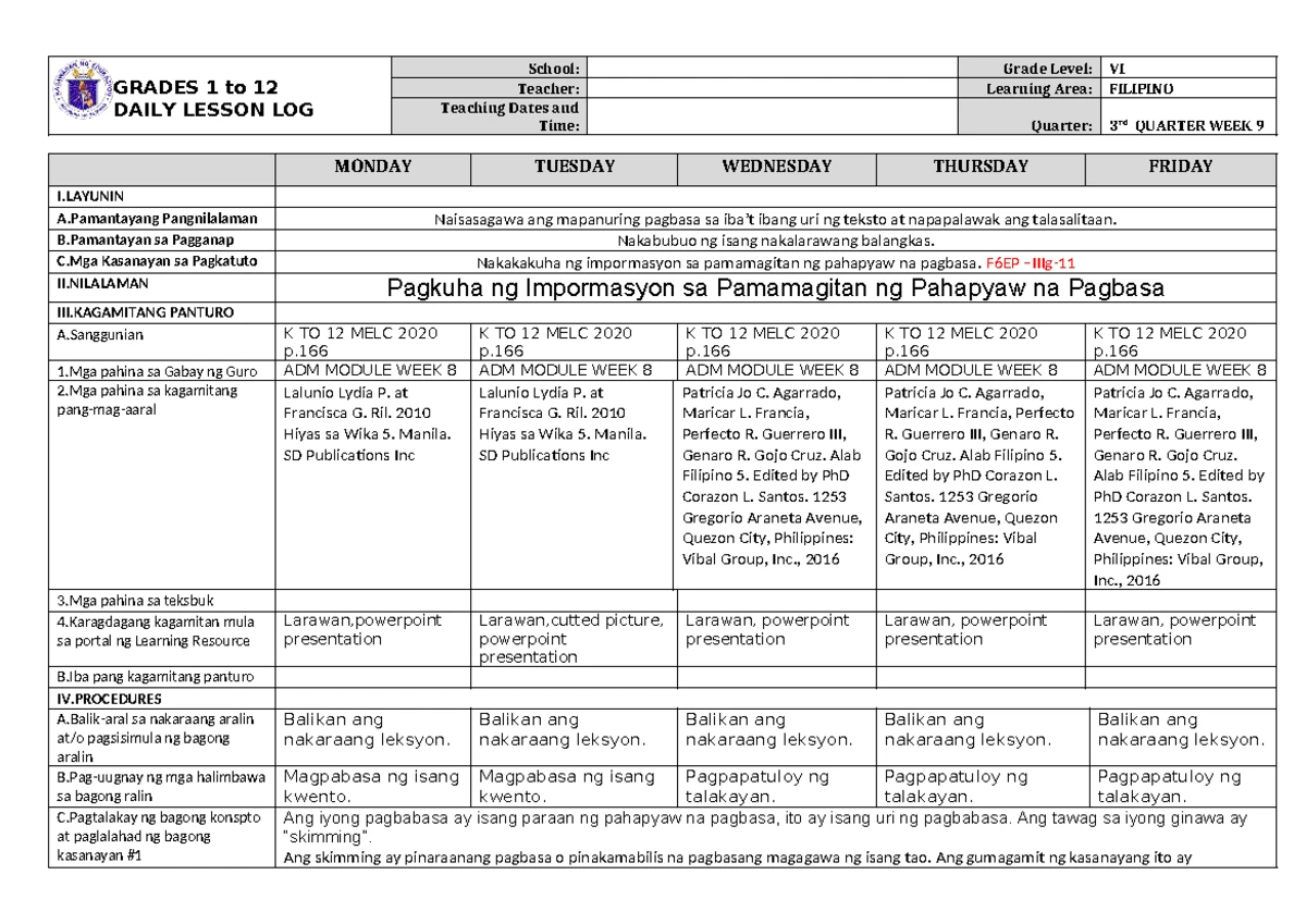 DLL MAPEH 6 Q3 W8 - Daily Lesson Log for Grade 6 Students - Studocu