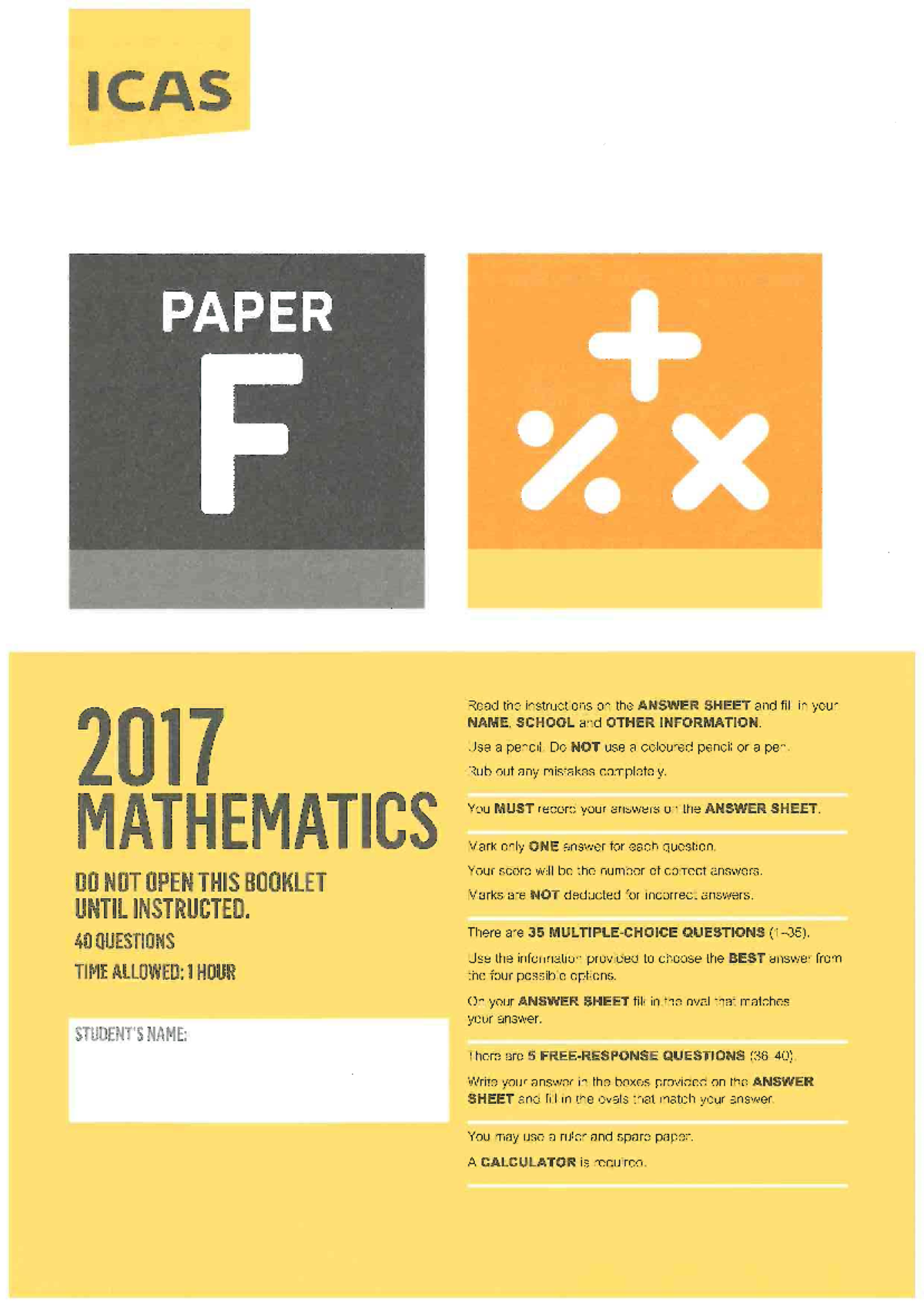 2017 ICAS Mathematics Paper F - Year 8 Practice Materials - Studocu