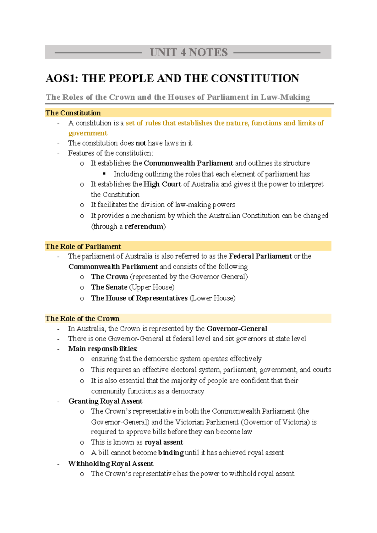 UNIT 4 AOS1 Legal Notes: People, Constitution & Law-Making Processes ...