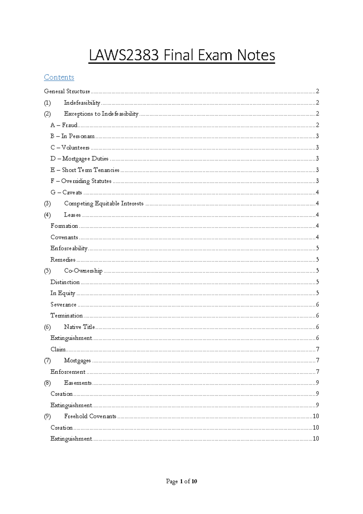 LAWS2383 Final Exam Study Notes on Indefeasibility and Leases - Studocu