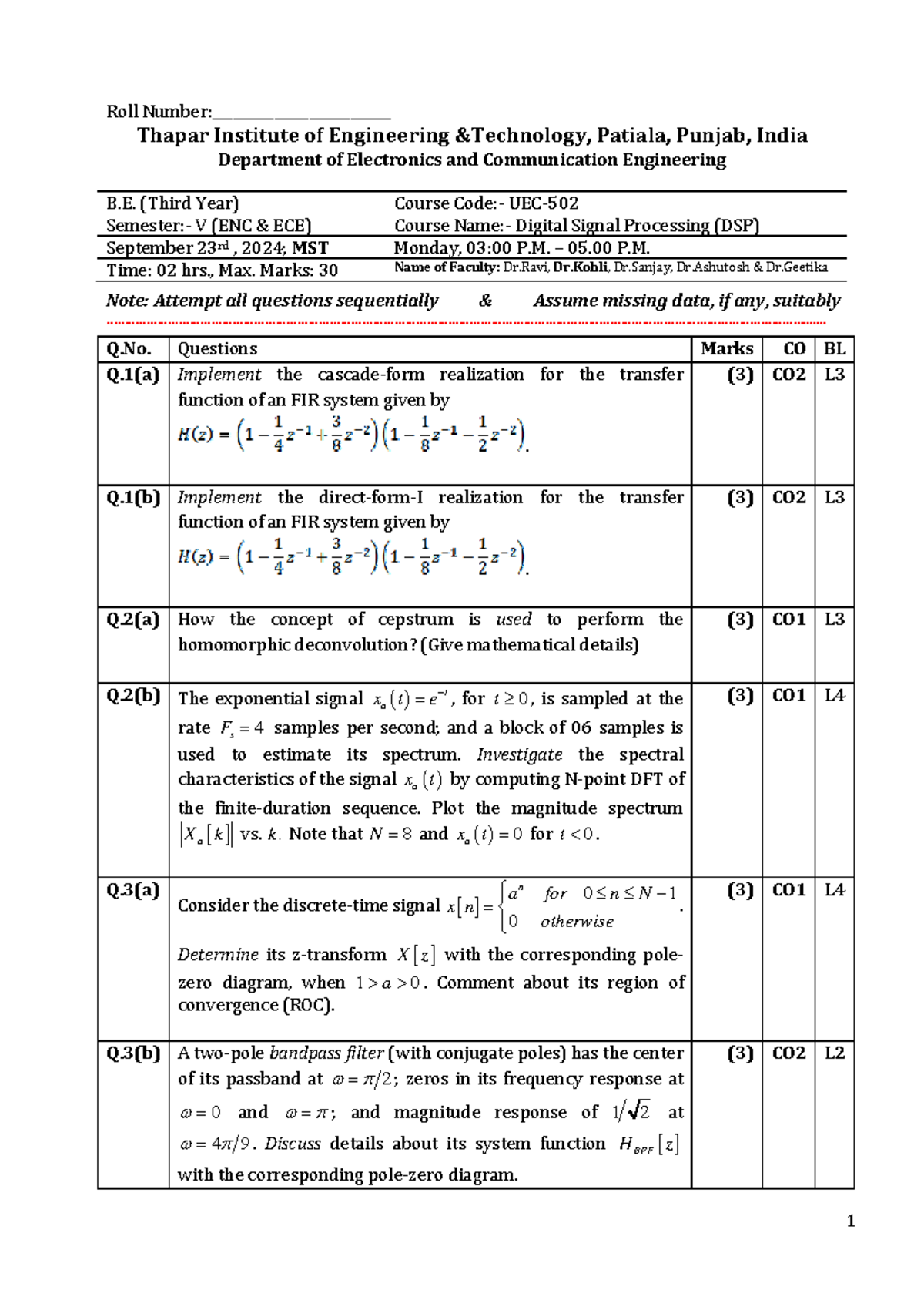 UEC502 MST-Odd-24: Digital Signal Processing Exam Questions - Studocu