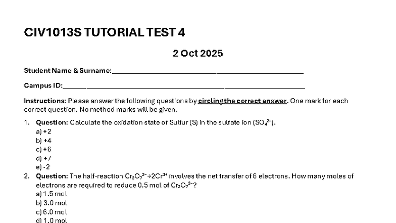 CIV1013S Tutorial Test 4 - Questions & Answers - Studocu
