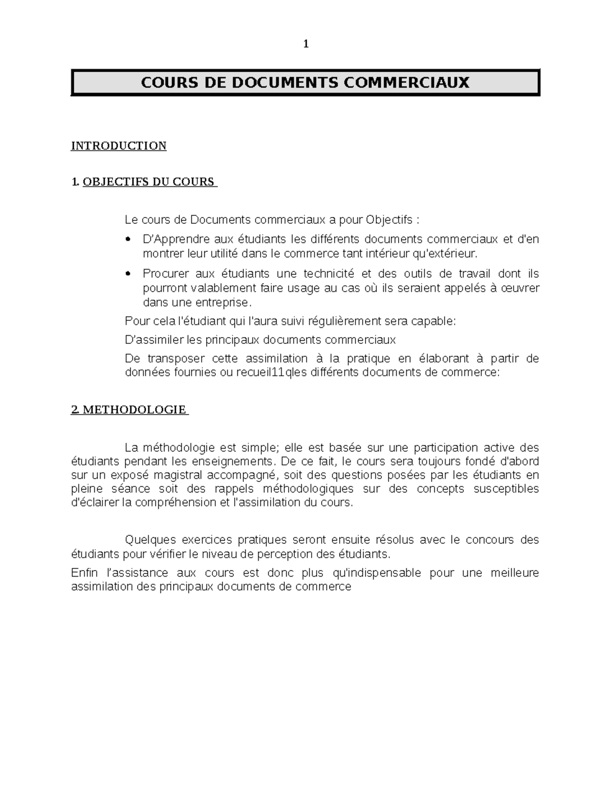 Cours 1: Introduction aux Documents Commerciaux et Méthodologie - Studocu