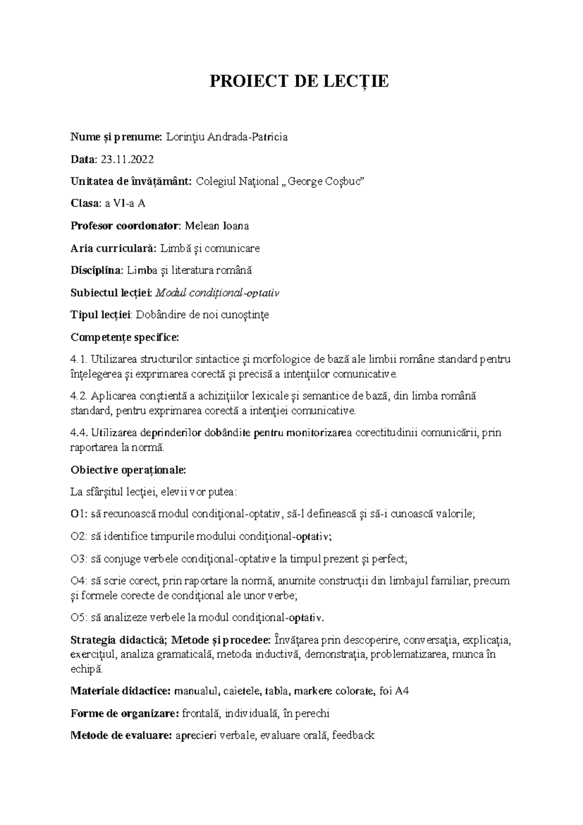 Lecția 1: Modul Condițional-Optativ - Limba și Literatura Română - Studocu