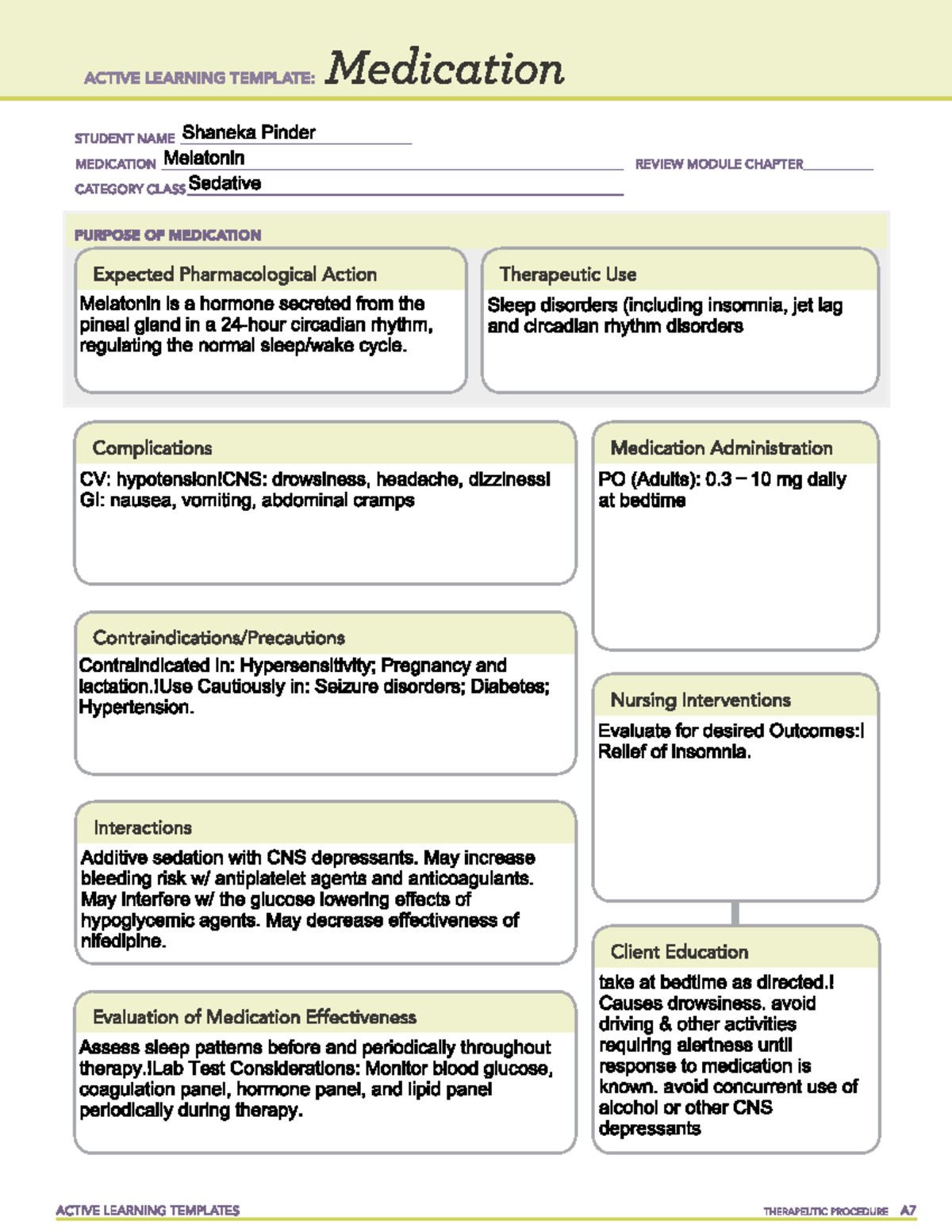 Melatonin - Sedative Pharmacology & Nursing Interventions Guide - Studocu