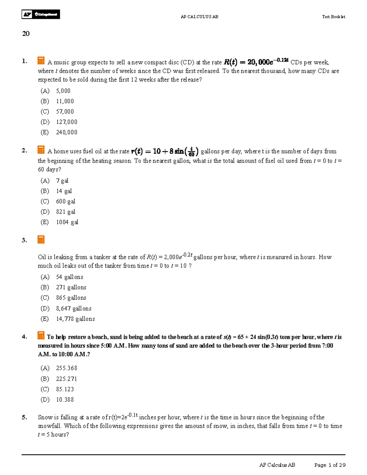 AP CALCULUS AB Test Booklet 20: Practice Problems and Solutions - Studocu