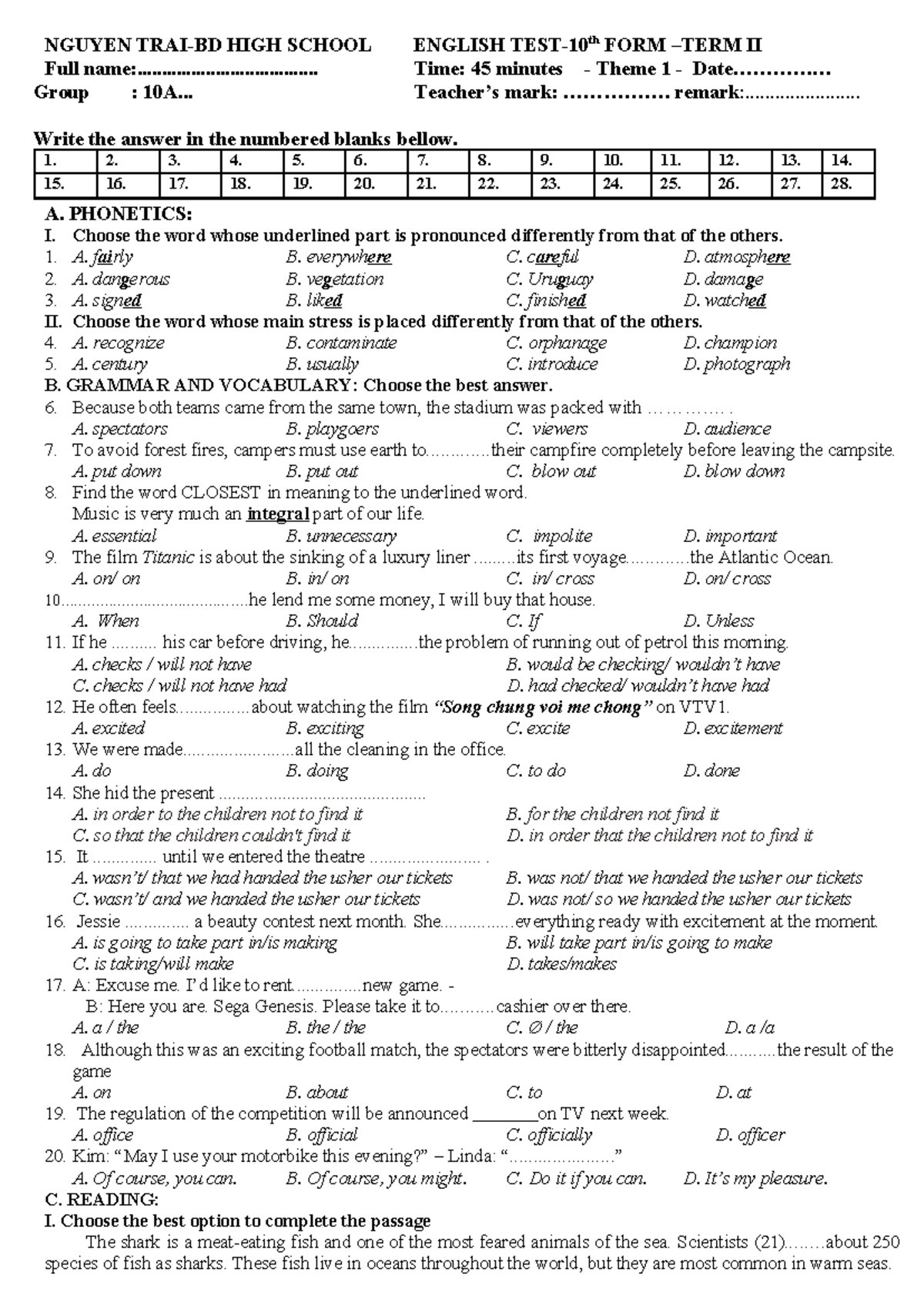 ENGLISH FORM II Exam Paper - NGUYEN HIGH SCHOOL - Studocu