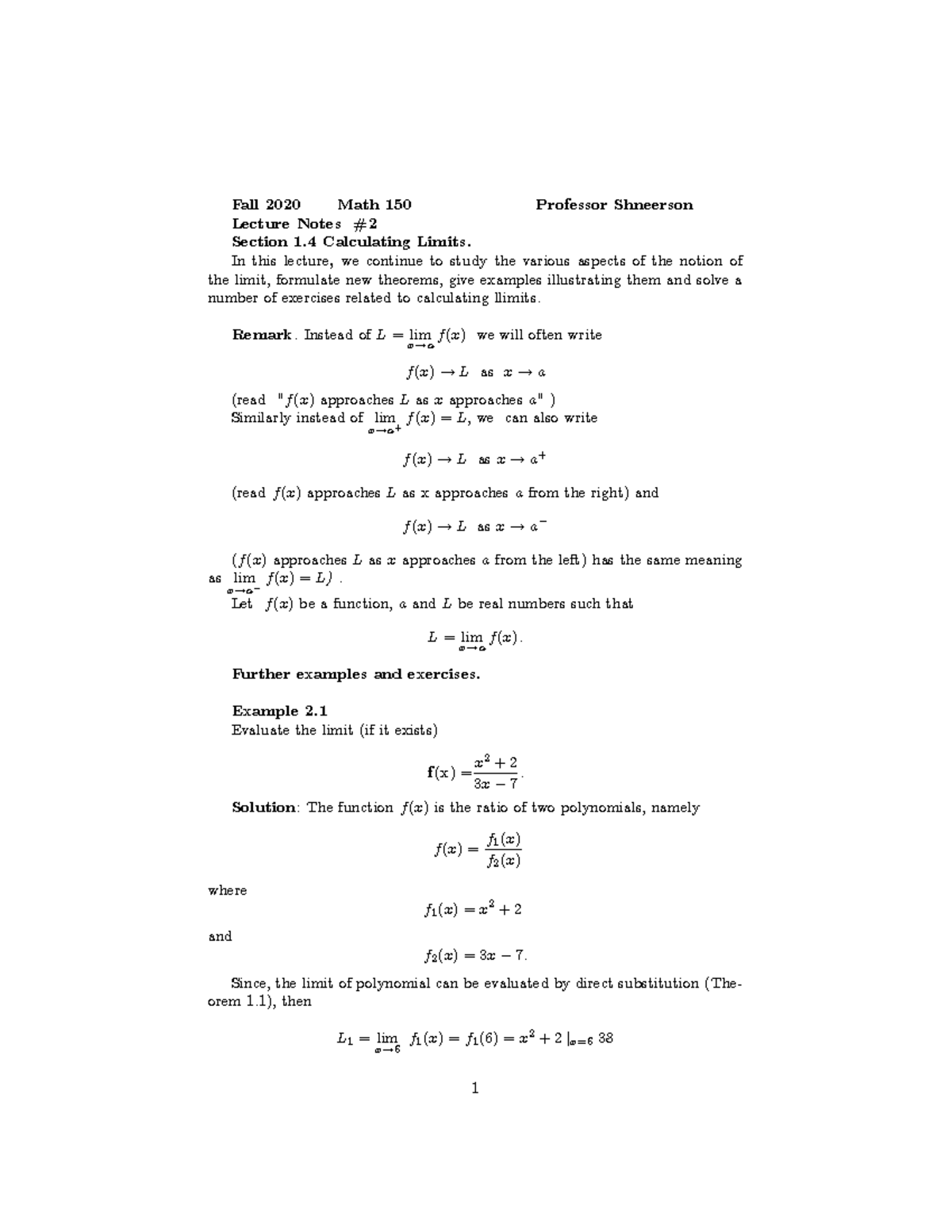 Math 150 Fall 2020 Lecture 2 Notes: Calculating Limits - Studocu
