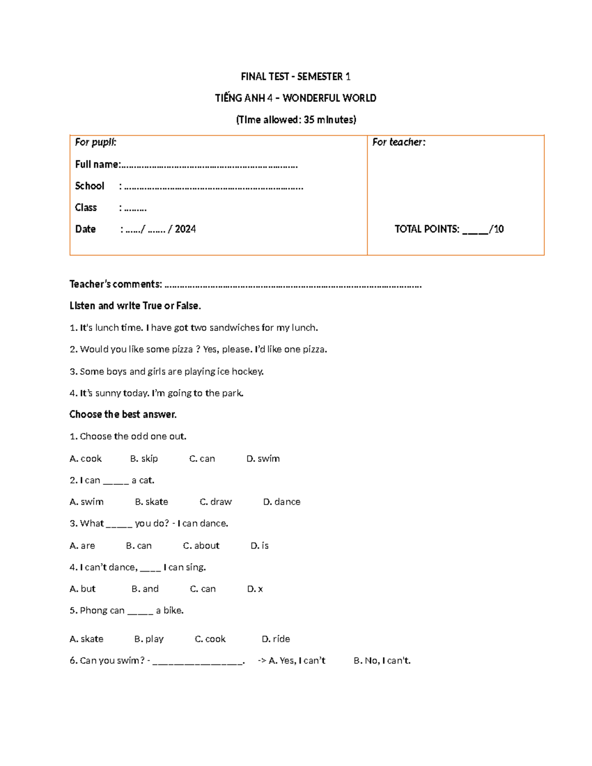 Final Test - English 4: Wonderful World Semester 1 Exam - Studocu