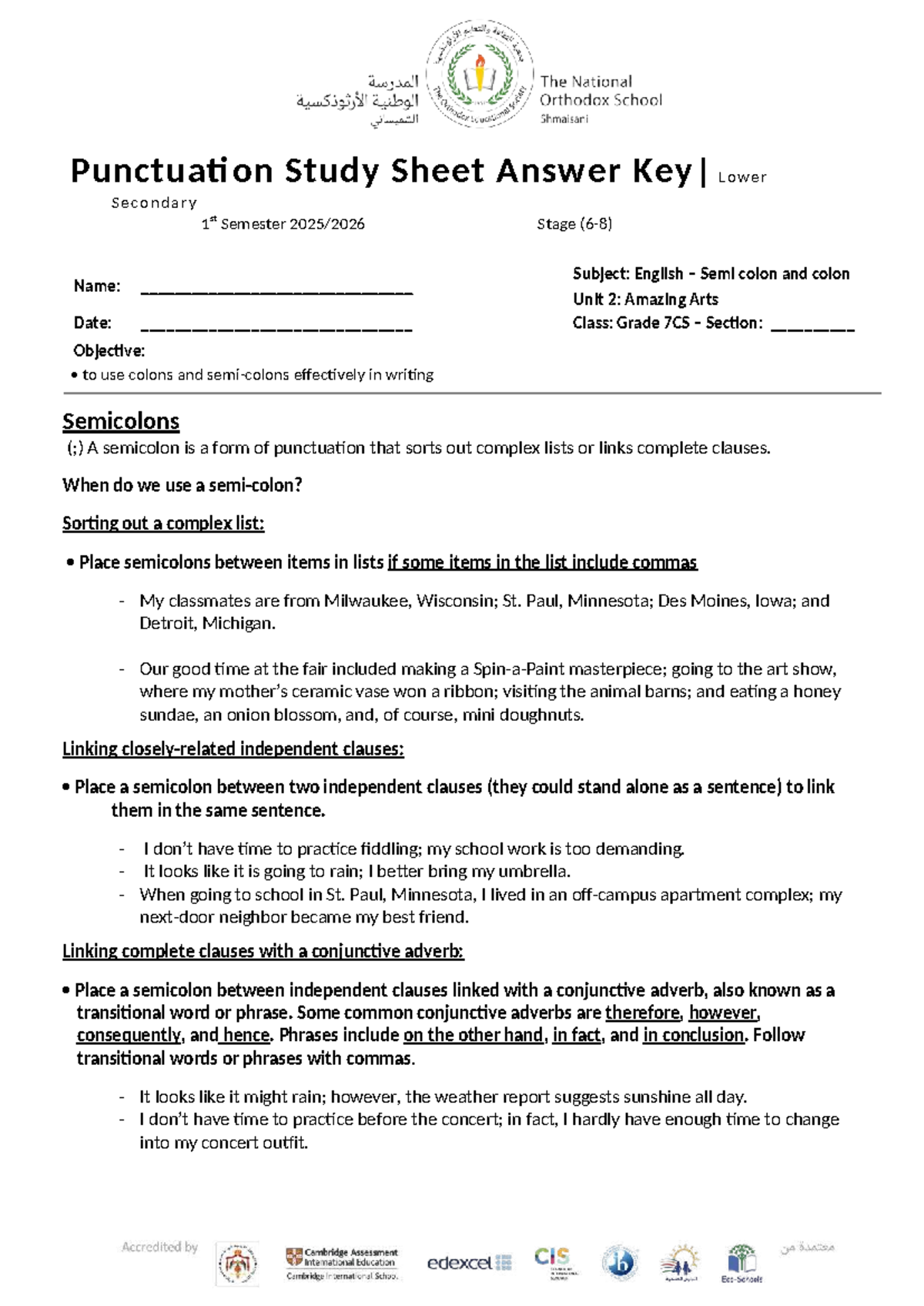 G7 - U2 - Colons & Semicolons Study Sheet Answer Key - Studocu