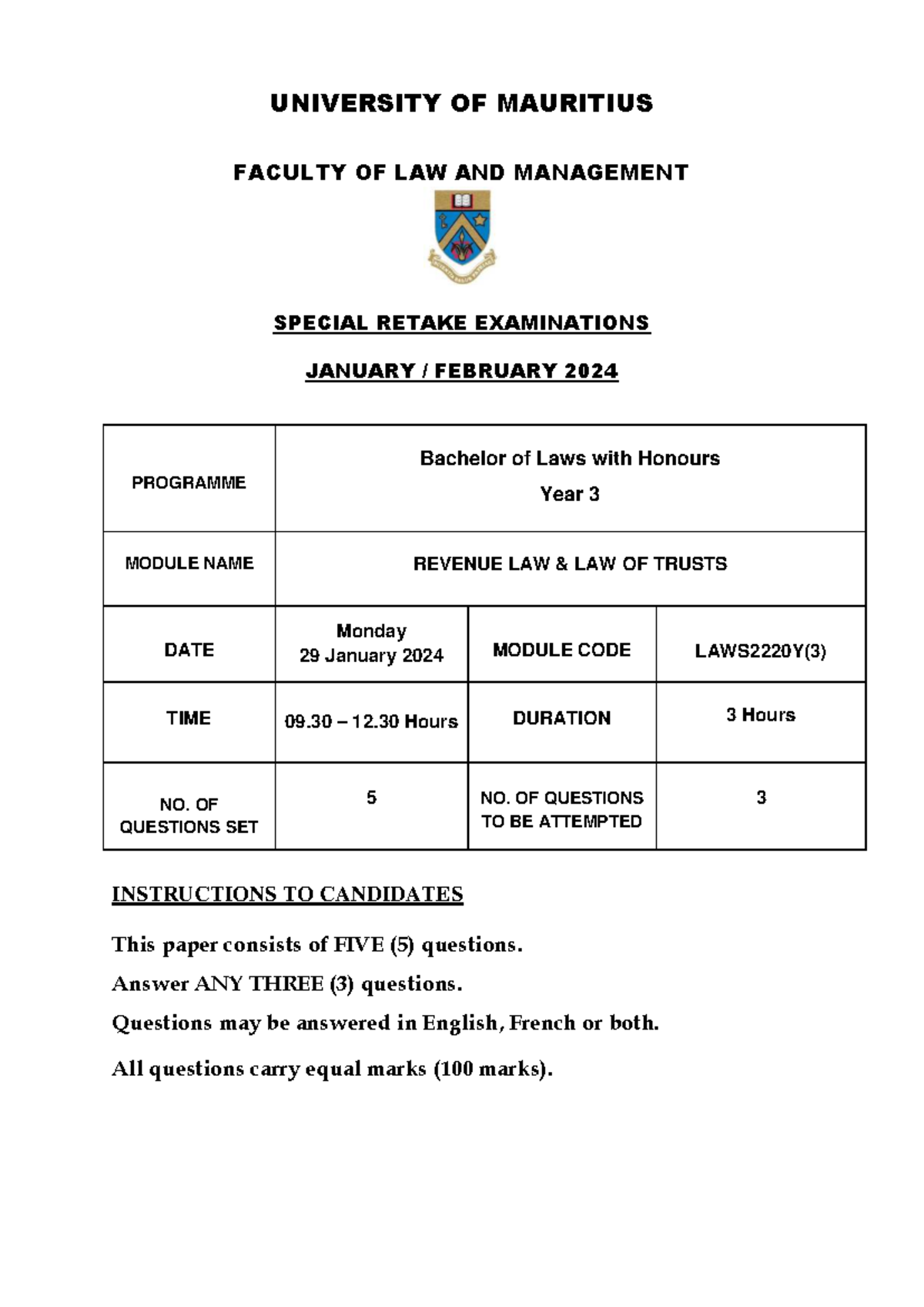 LAWS2220Y 3 2024 SR - Revenue Law & Law of Trusts Exam Paper - Studocu
