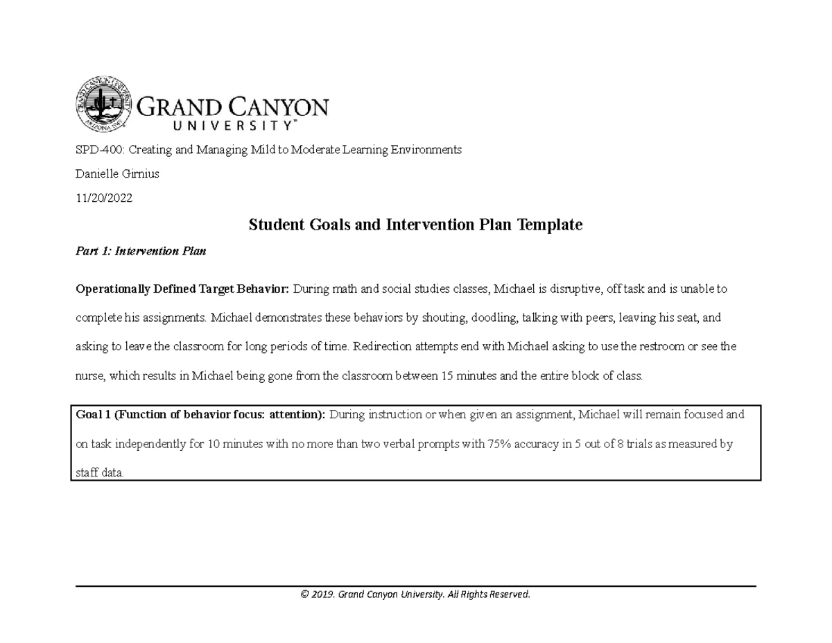 GCU SPD-400 Week 6 Assignment - Student Goals and Intervention Plan ...