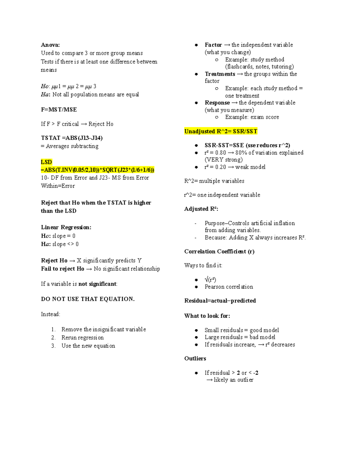 BUSN 13-15 - Final Exam Notes on ANOVA and Regression Analysis - Studocu