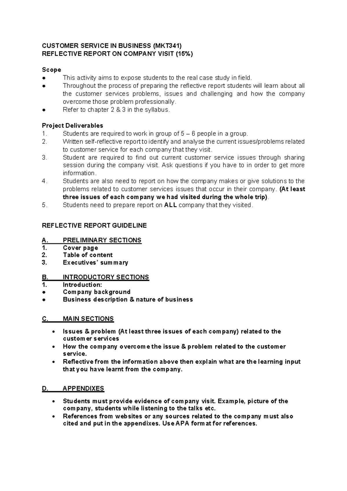 MKT341 Reflective Report Guidelines on Customer Service Company Visit ...