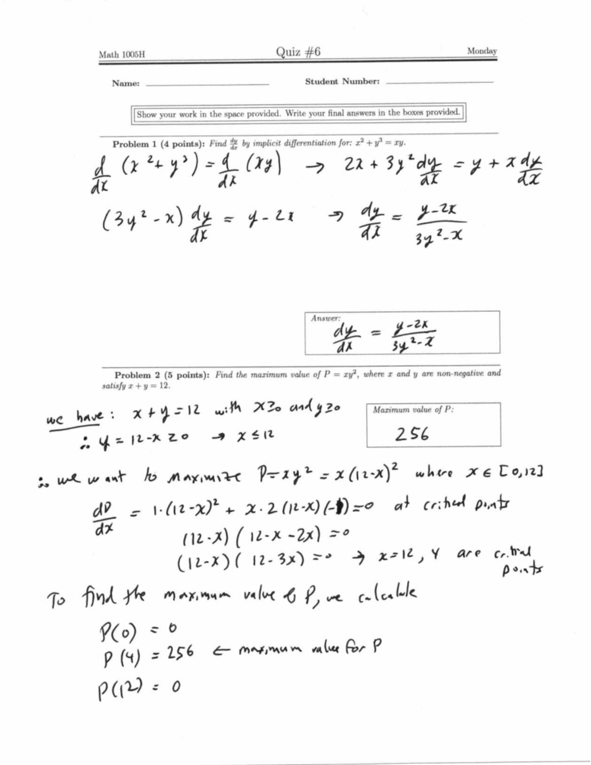 Math 1005H Quiz: Implicit Differentiation & Max Value Problems - Studocu