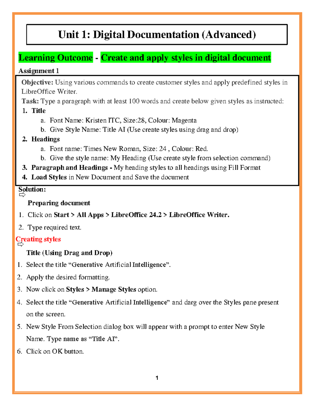 Unit 1: Digital Documentation & Unit 2: Electronic Spreadsheet ...