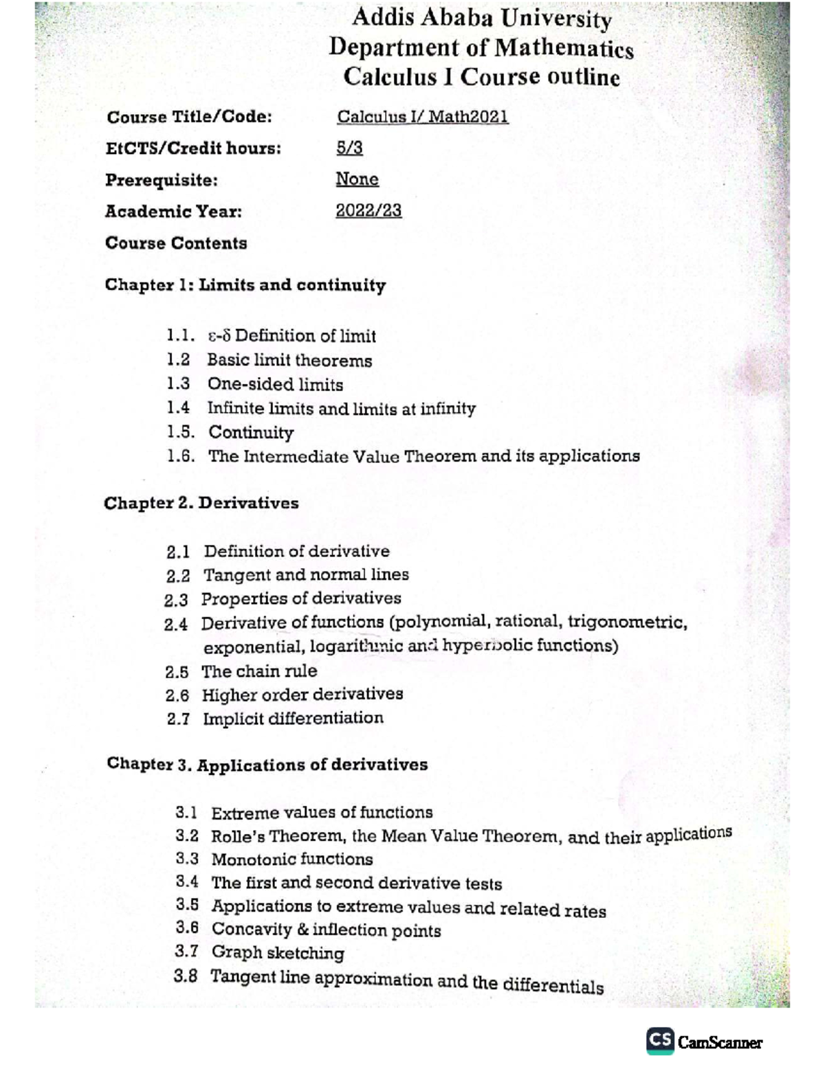 Calculus I Course Outline - Math2021 at Addis Ababa University - Studocu