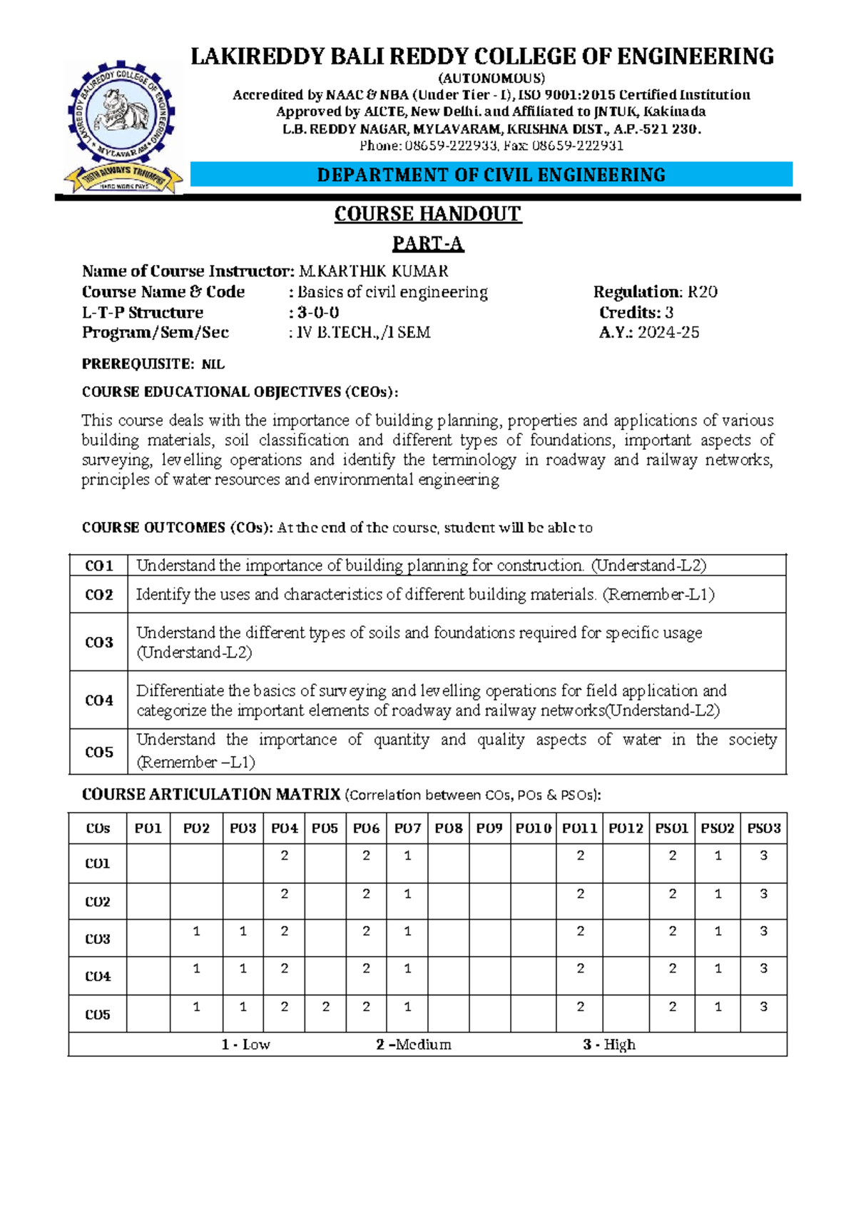 BCE(20CE81) Course Handout: Basics of Civil Engineering - IV Sem R20 ...