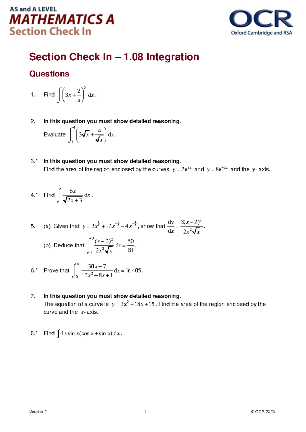 H240 Section Check-In 1: Integration and Area Calculations Notes - Studocu