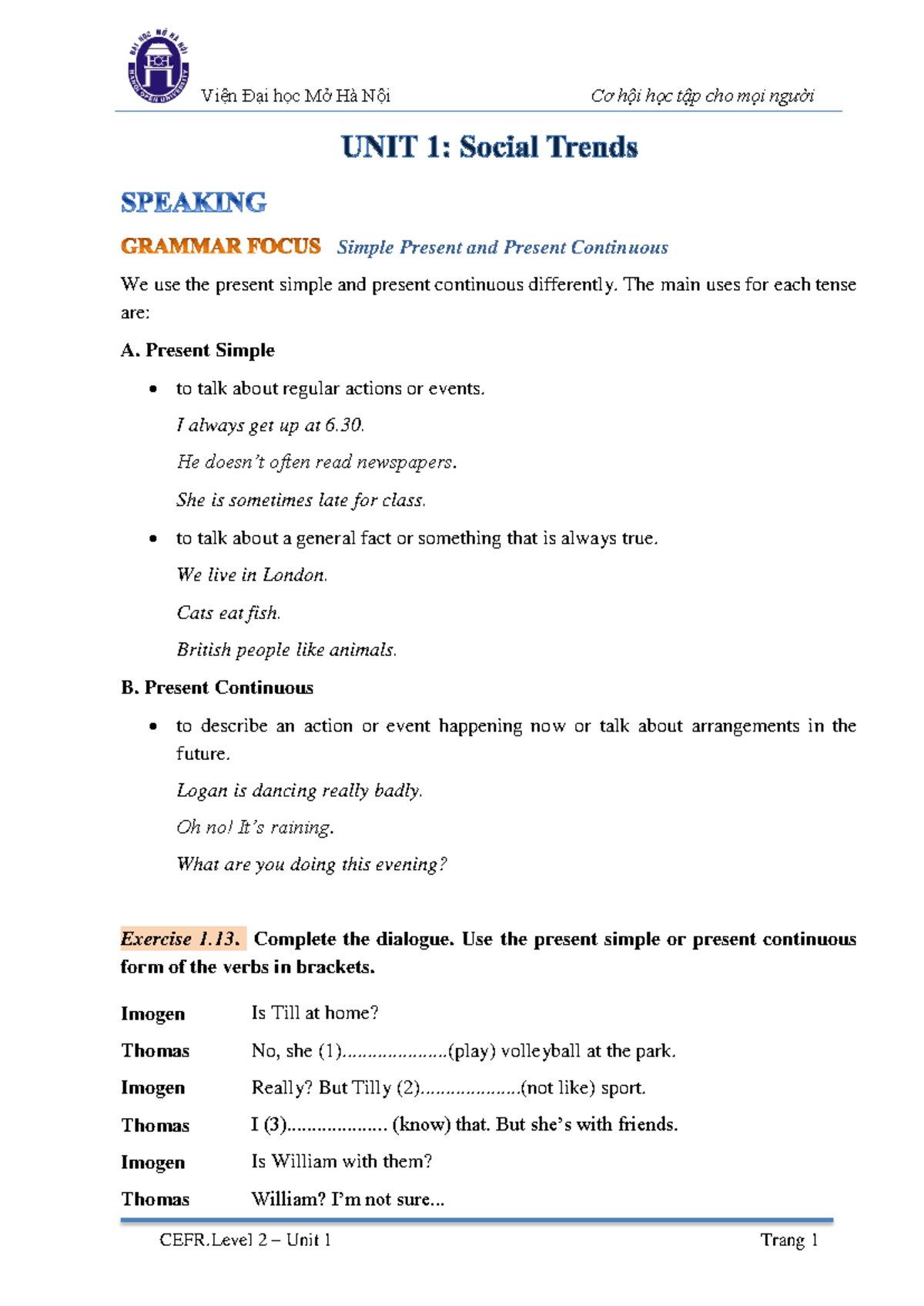 A2-UNIT 1: Simple Present & Present Continuous Overview - Studocu