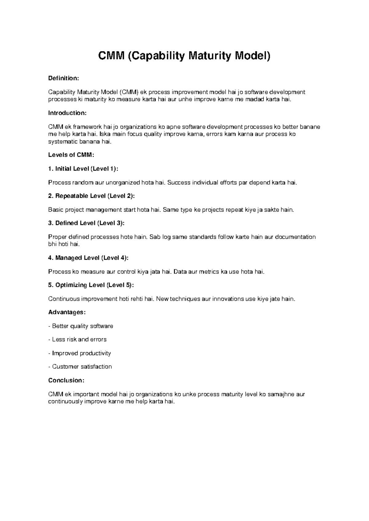 CMM (Capability Maturity Model) Overview & Benefits - 15 Marks - Studocu