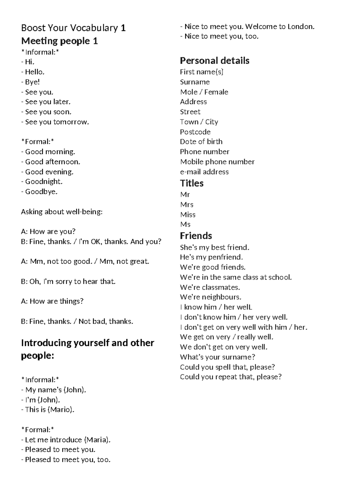 Boost Your Vocabulary 1 word list - Boost Your Vocabulary 1 Meeting ...