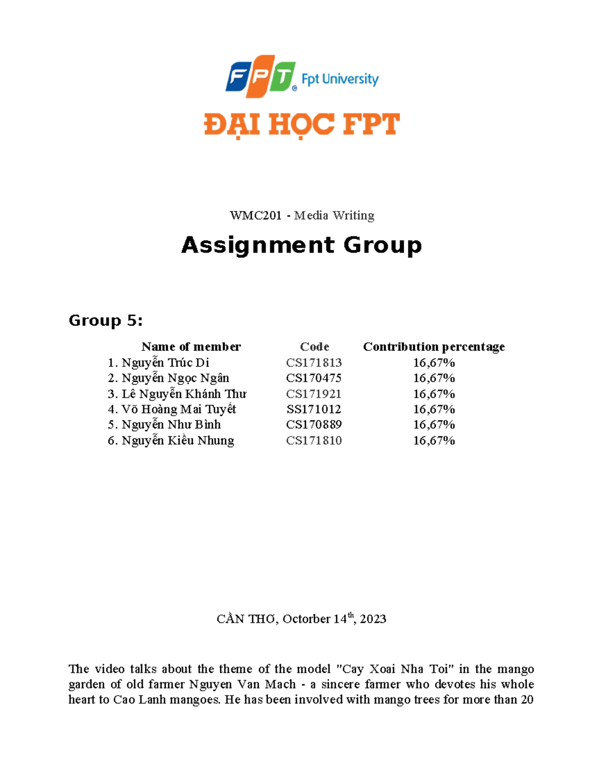 WMC201.Group Project. Group 5 - WMC201 - Media Writing Assignment Group ...