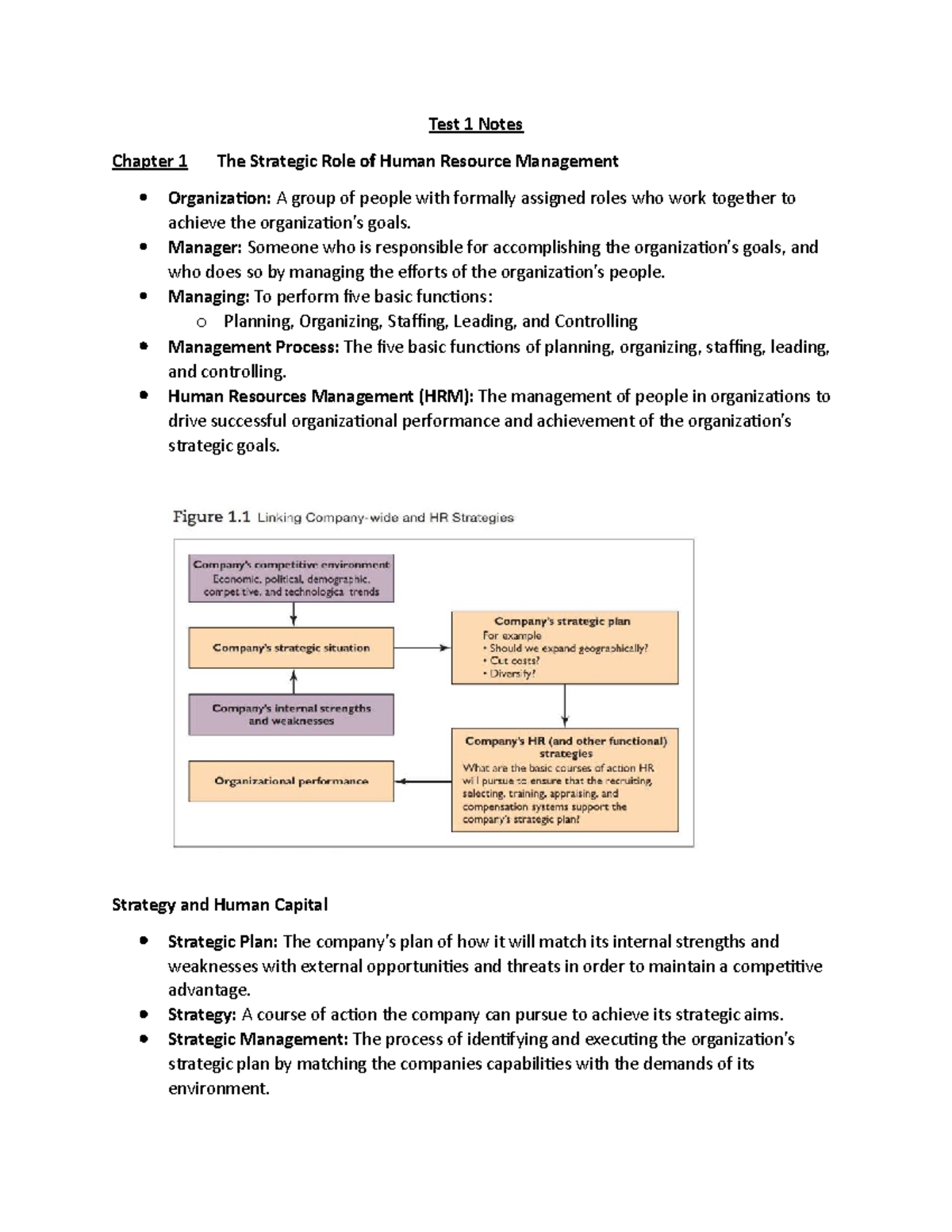 Test 1 Notes - Test 1 Notes Chapter 1 The Strategic Role of Human ...