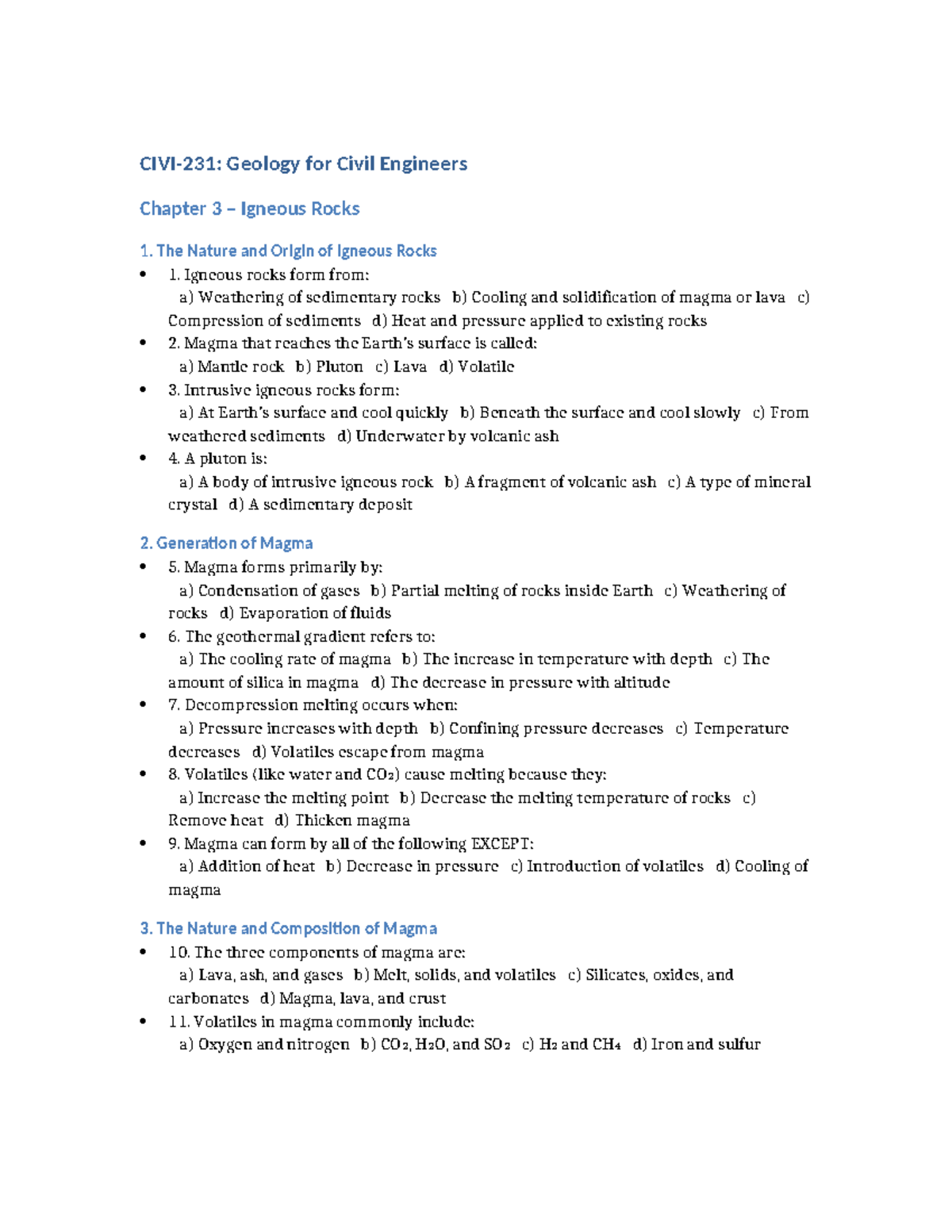 Geology for Civil Engineers (GEOL 101) Chapter 3 MCQs on Igneous Rocks ...