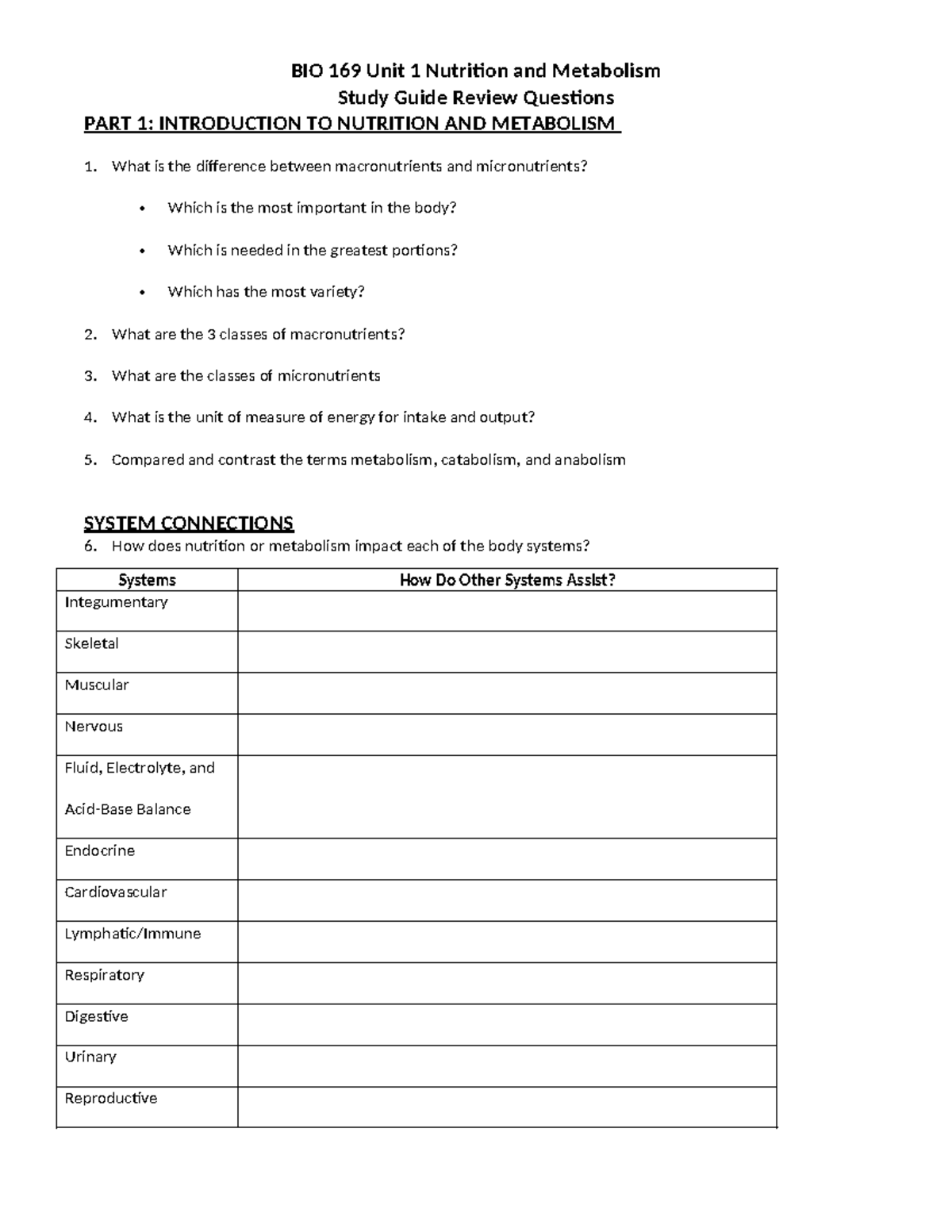 BIO 169 Study Guide: Nutrition & Metabolism Review Questions - Studocu