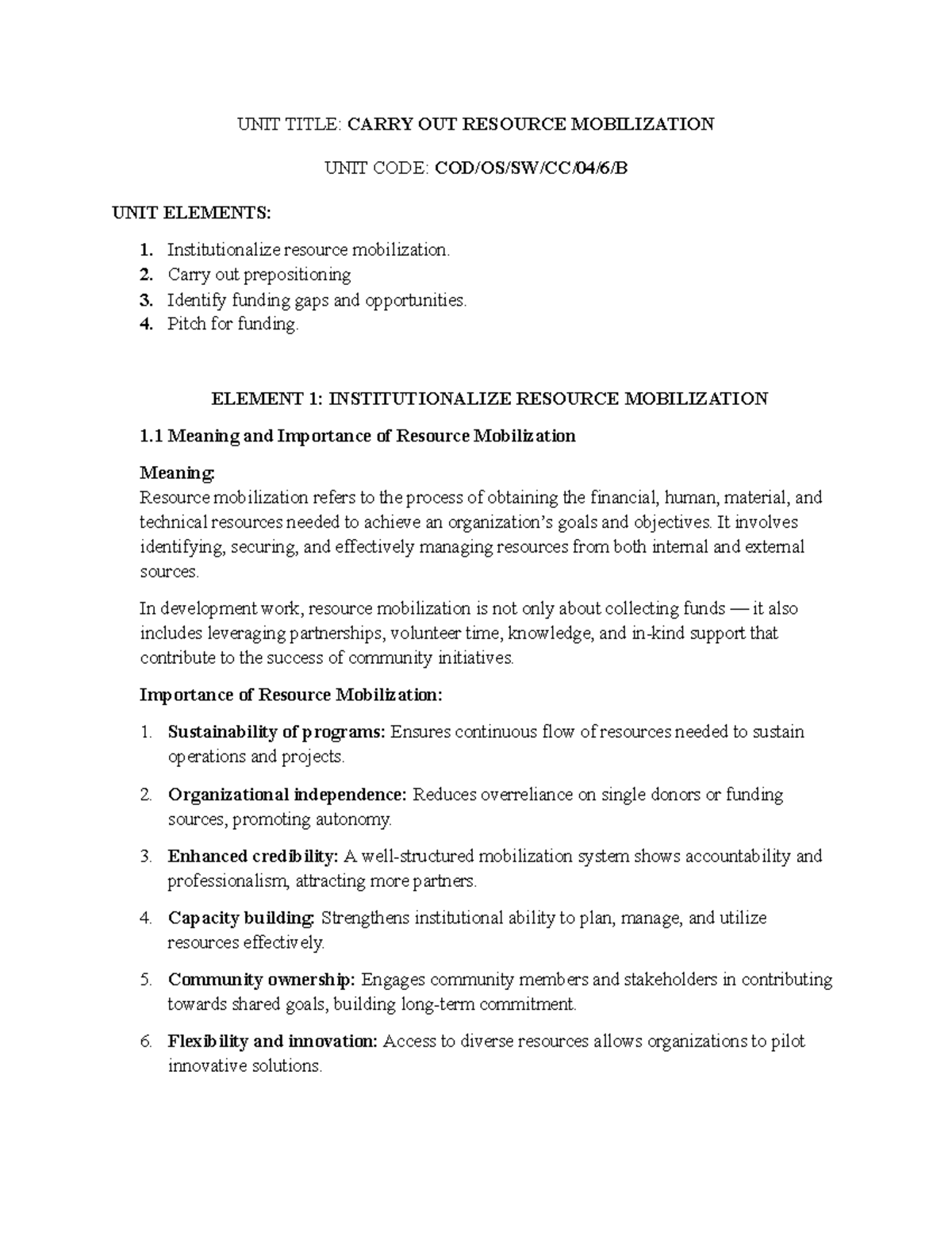 Resource Mobilization Strategies and Funding Applications (UNIT CODE ...