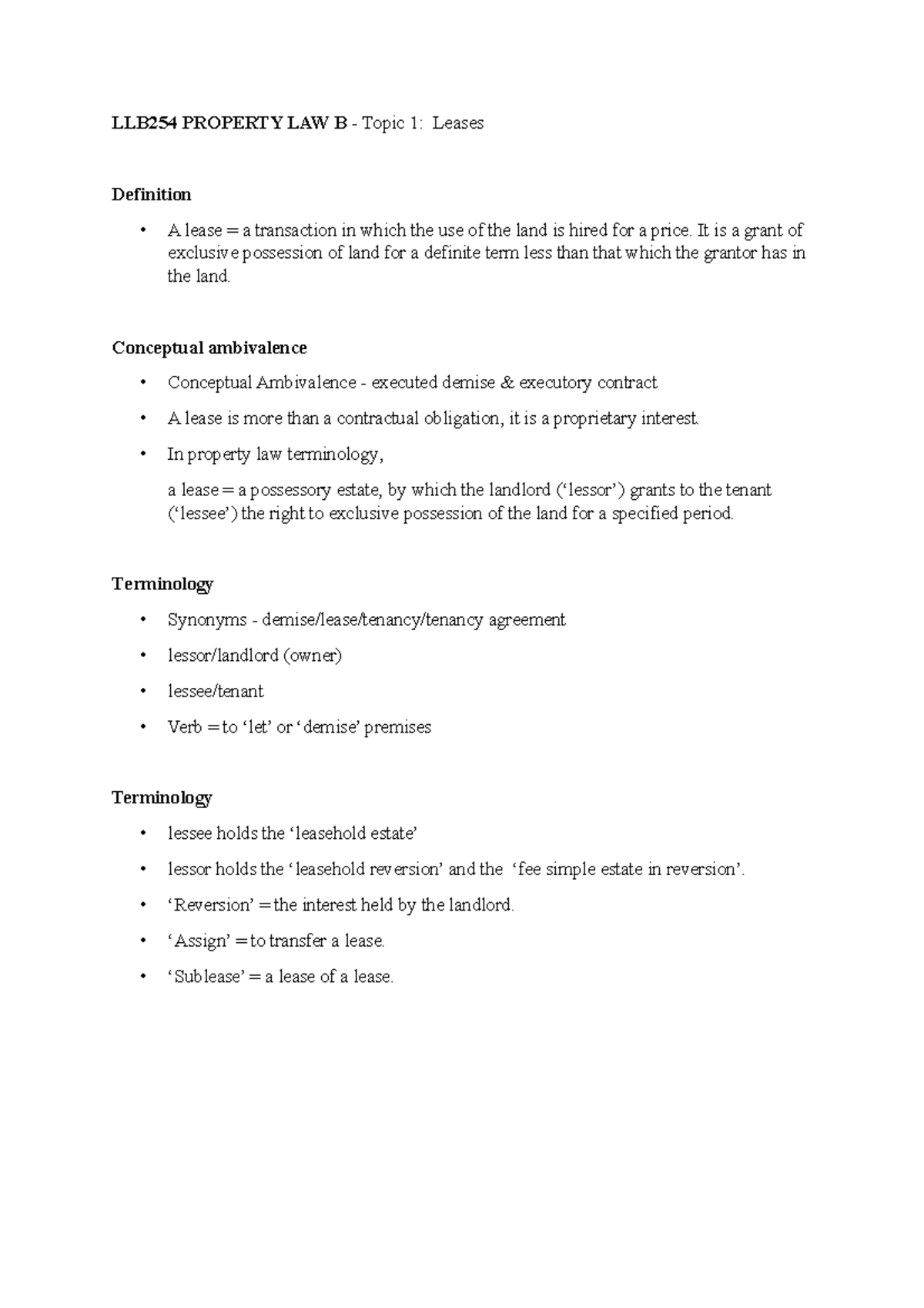 LLB254 PROPERTY LAW B - Final Exam Notes on Topic 1: Leases and ...