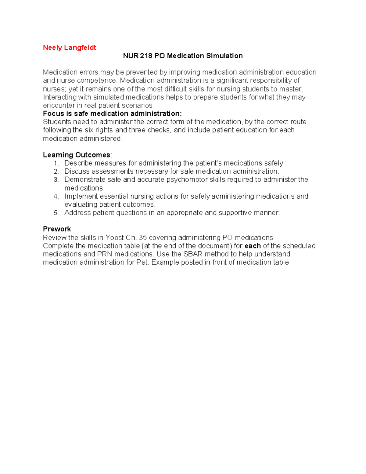 NUR 218 PO Medication Simulation: Safe Administration Practices - Studocu